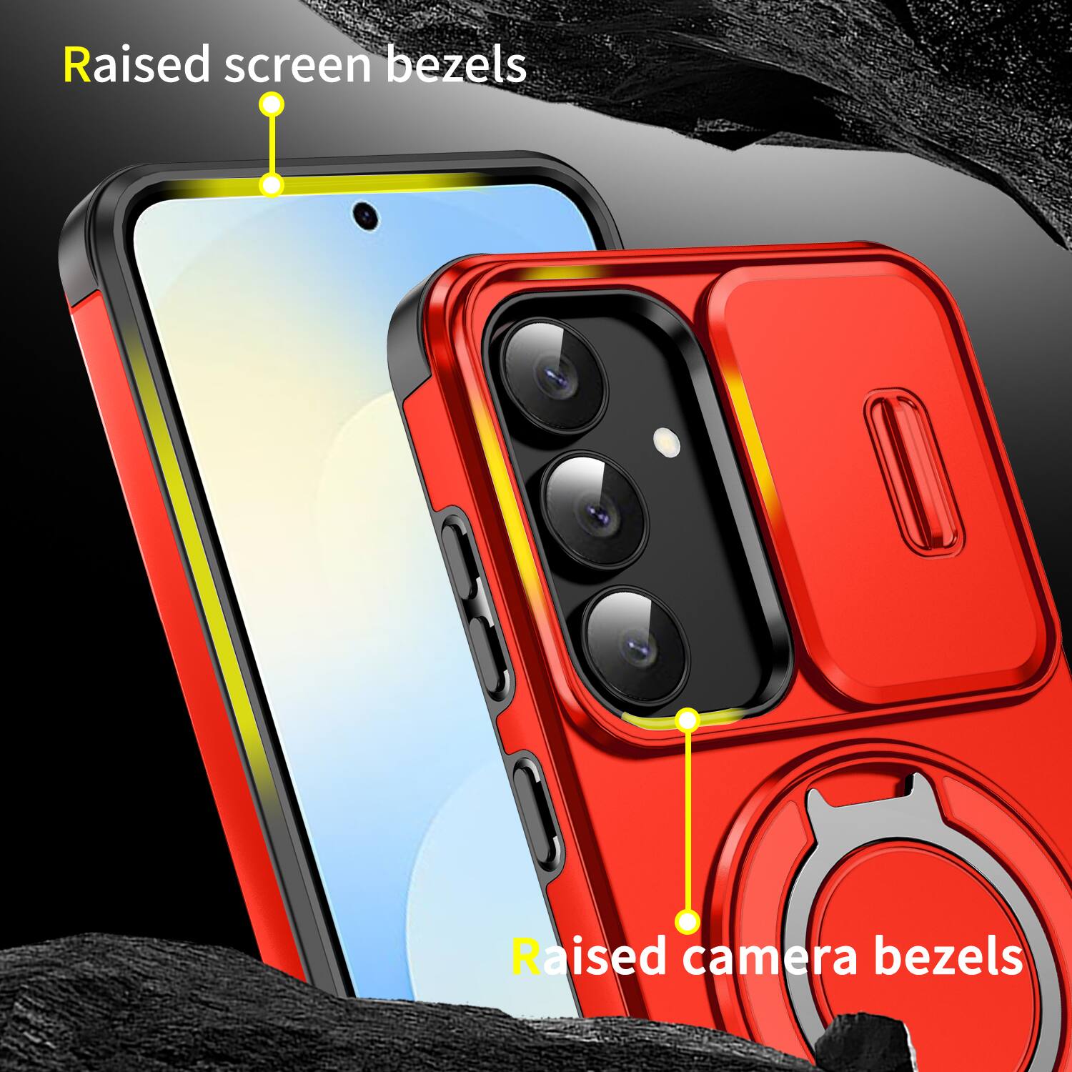 Raised screen bezels  
Raised camera bezels