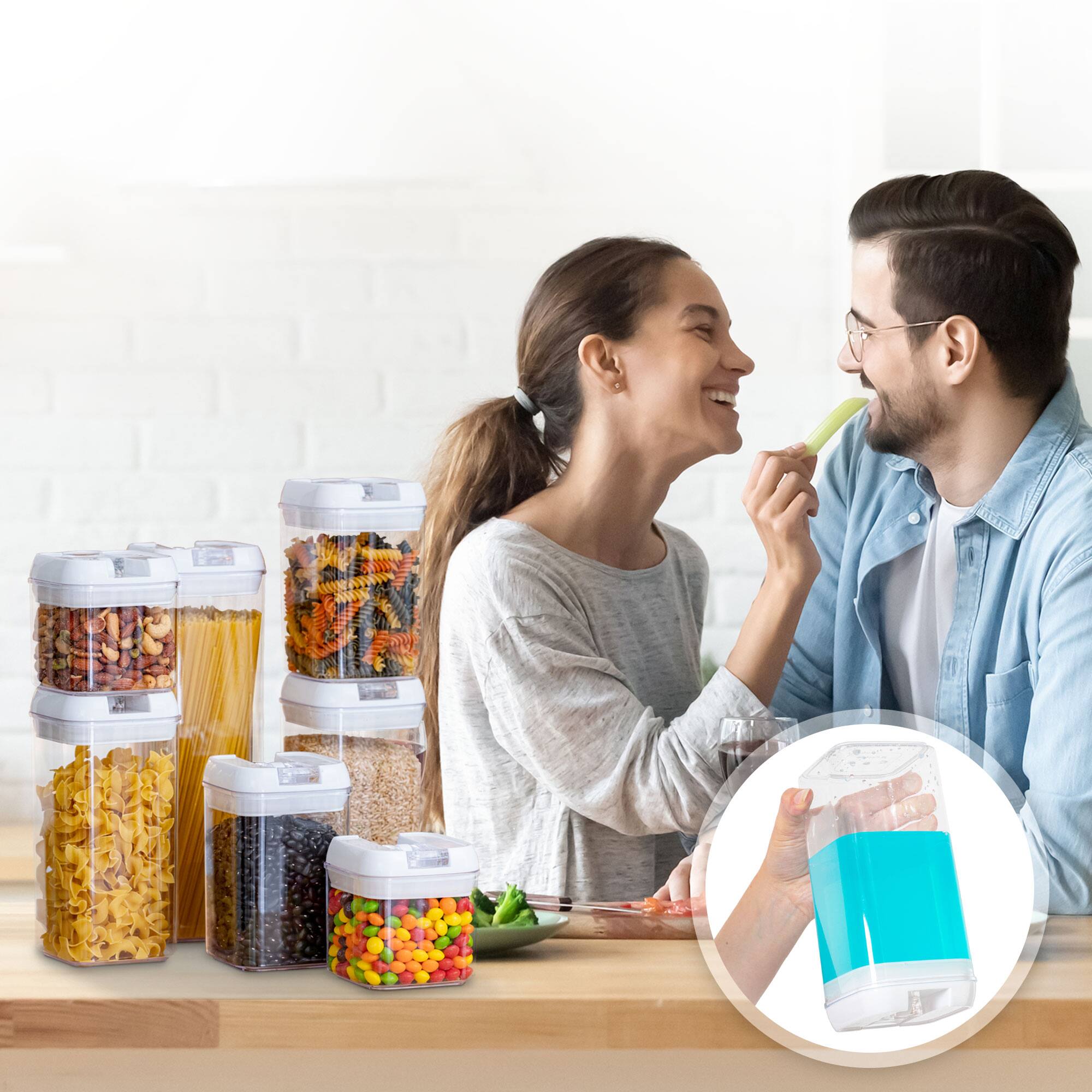 Angle. Cheer Collection - 7-Piece Airtight Pantry Food Storage Container Set with Mixed Sizes, Flip-Top Lids & Reusable Labels - White.