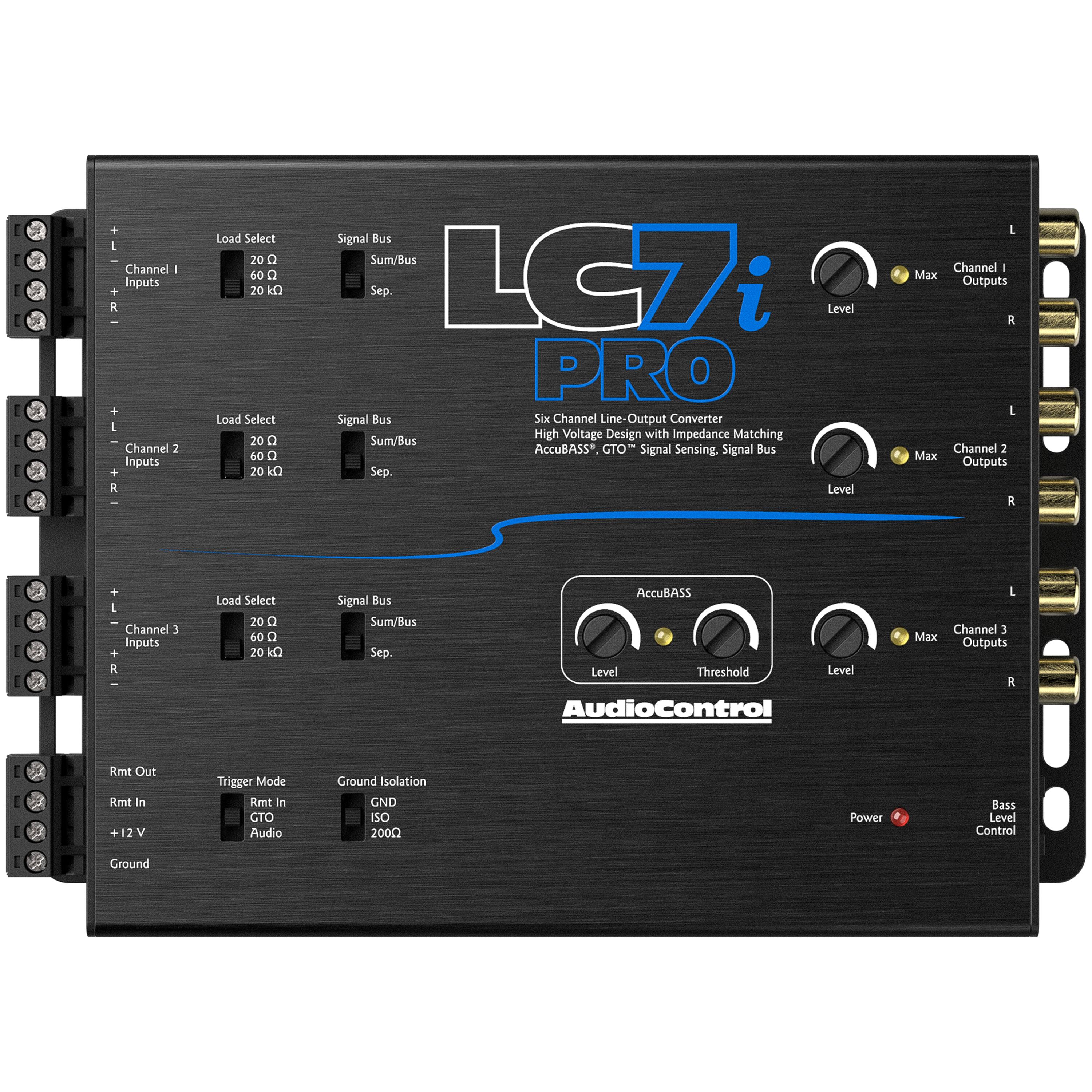 The text on the image is grouped and corrected as follows:

1. LC7i Level PRO Signal Bus Six Channel Line-Output Converter High Voltage Design with impedance Matching Sum/Bus AccuBASS*. GTO" Signal Sensing, Signal Bus Sep. Level I Channel - Max Outputs a I Channel 2 Mx Outputs R + L Channel 3 Inputs + R I Load Select 20  60  20 5 Signal Bus Sum/Bus Sep. AccuBlASS Level Threshold Level AudioControl L Channel 1 Max Outputs a [ Rmt Out Rmt in + 2 V Trigger Mode Rmt in CT Audio Ground Isolation GND ISO 2000 Power Bass Level Control Ground