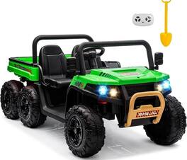 GARVEE - 24V Kids 6-Wheel Electric Ride-On Truck with Four 35W Motors, 2.4G Parental Remote Control,Liftable Rear Bucket & Shovel - Green