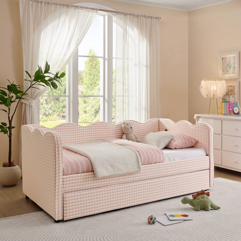 Alt View 1. JUJABU - Pink Cozy Gingham Daybed with Twin Size Trundle No Box Spring Needed, with USB Port and Adorable Wave Shaped - Pink.