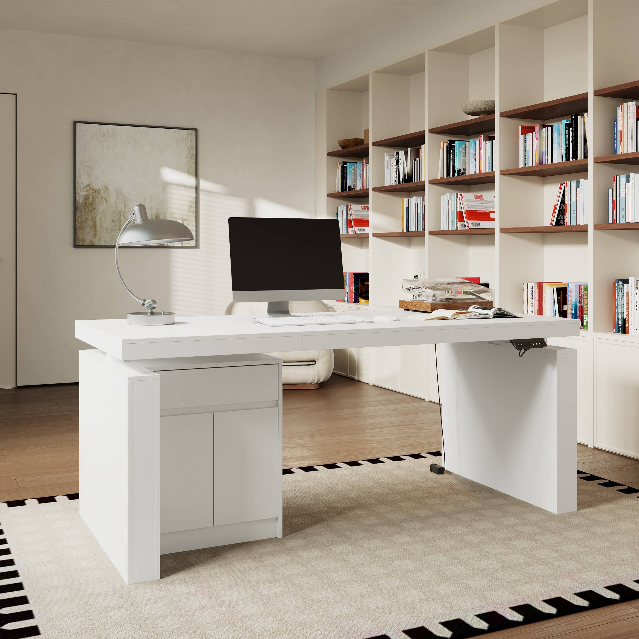 Back. FUFU & GAGA - Electric Standing Desk with Storage Drawer & Cabinet – 3 Memory Presets, 70.9" Sit Stand Workstation for Home Office - White.