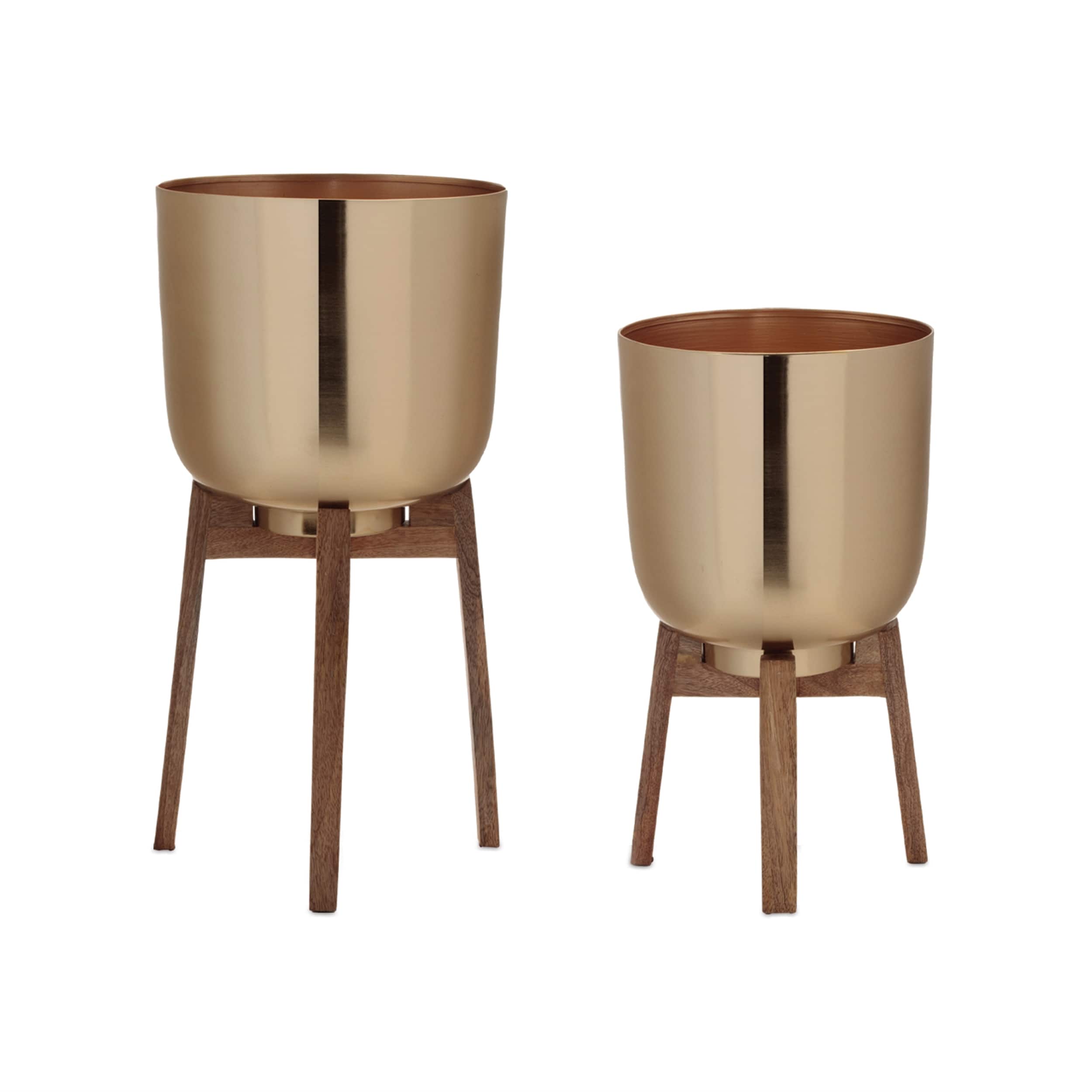 BreeBe - Round Metal Planter with Wooden Stand (Set of 2) - Gold