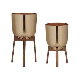 BreeBe - Round Metal Planter with Wooden Stand (Set of 2) - Gold