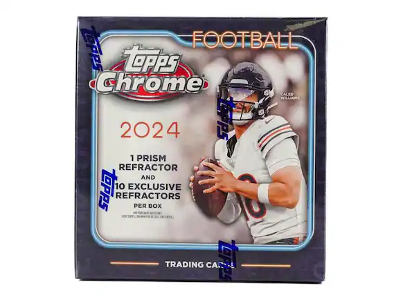 Tepps Chrome Football 2024
Caleb Williams
1 Prism Refractor and 10 Exclusive Refractors per box
(One purchase necessary. Visit Topps.com/NPM for details and entry.)
Trading Cards