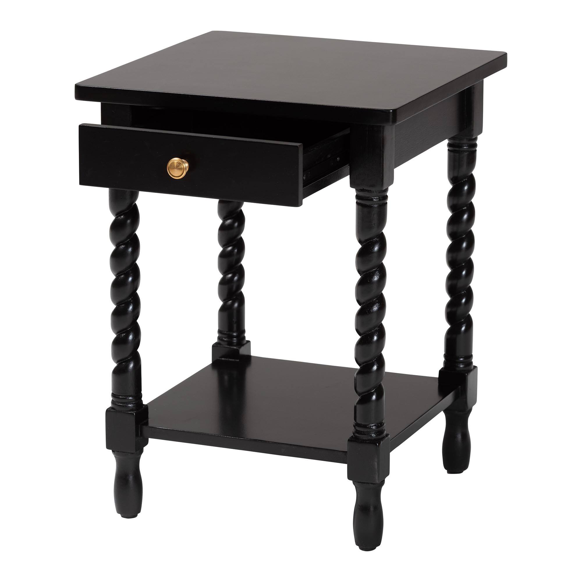 Angle. bali & pari - Baxton Studio Niklas Nightstand with Twisted Legs - 1-Drawer Bedroom Side Table with Storage Shelf, Black - Black.