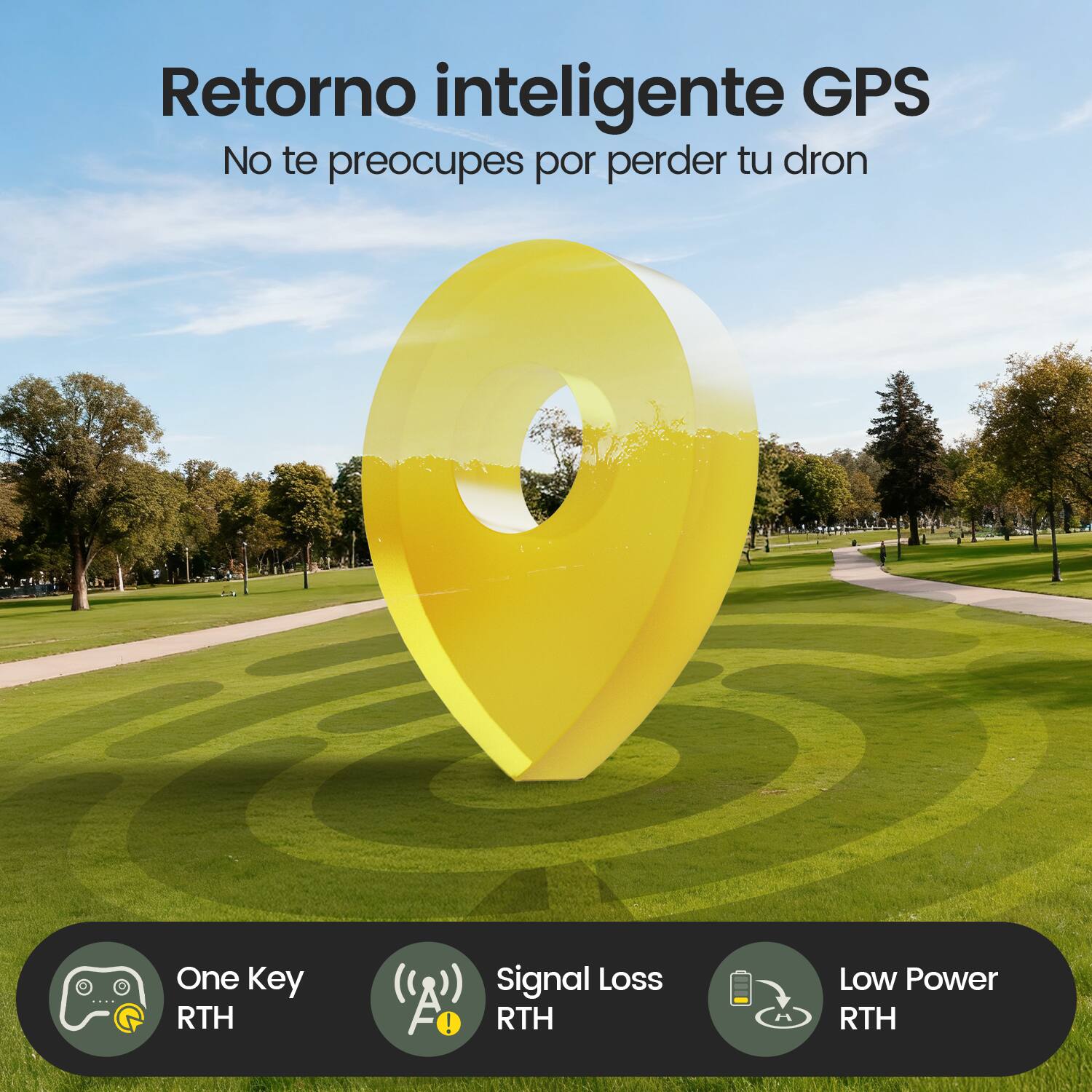 Retorno inteligente GPS  
No te preocupes por perder tu dron

One Key RTH  
Signal Loss RTH  
Low Power RTH