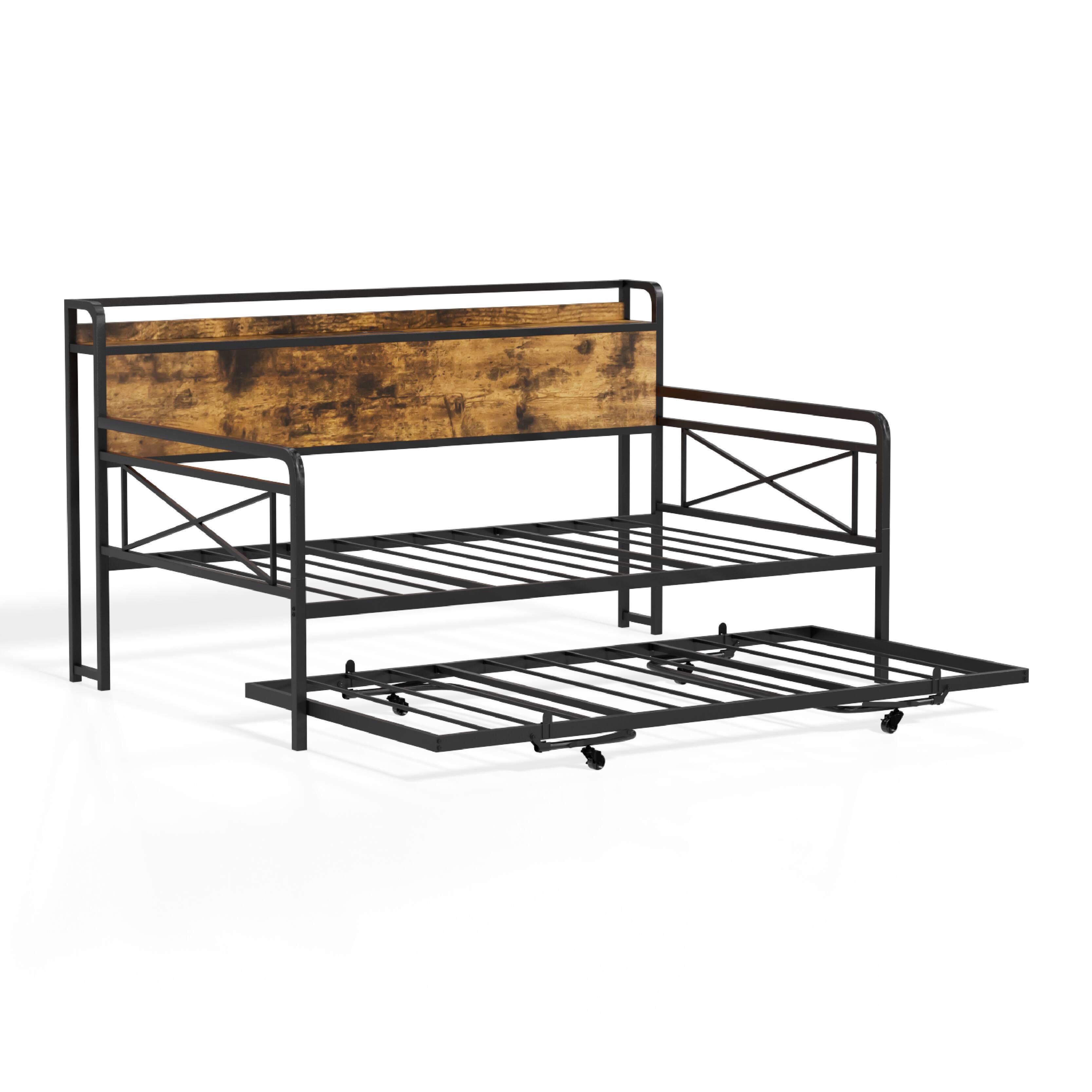 Alt View 3. Winado - Twin Daybed with Trundle Bed Sofa DayBed with LED Light & Charing Station Upholstered Bed Frame with Storage Headboard - Black & Industrial Brown.