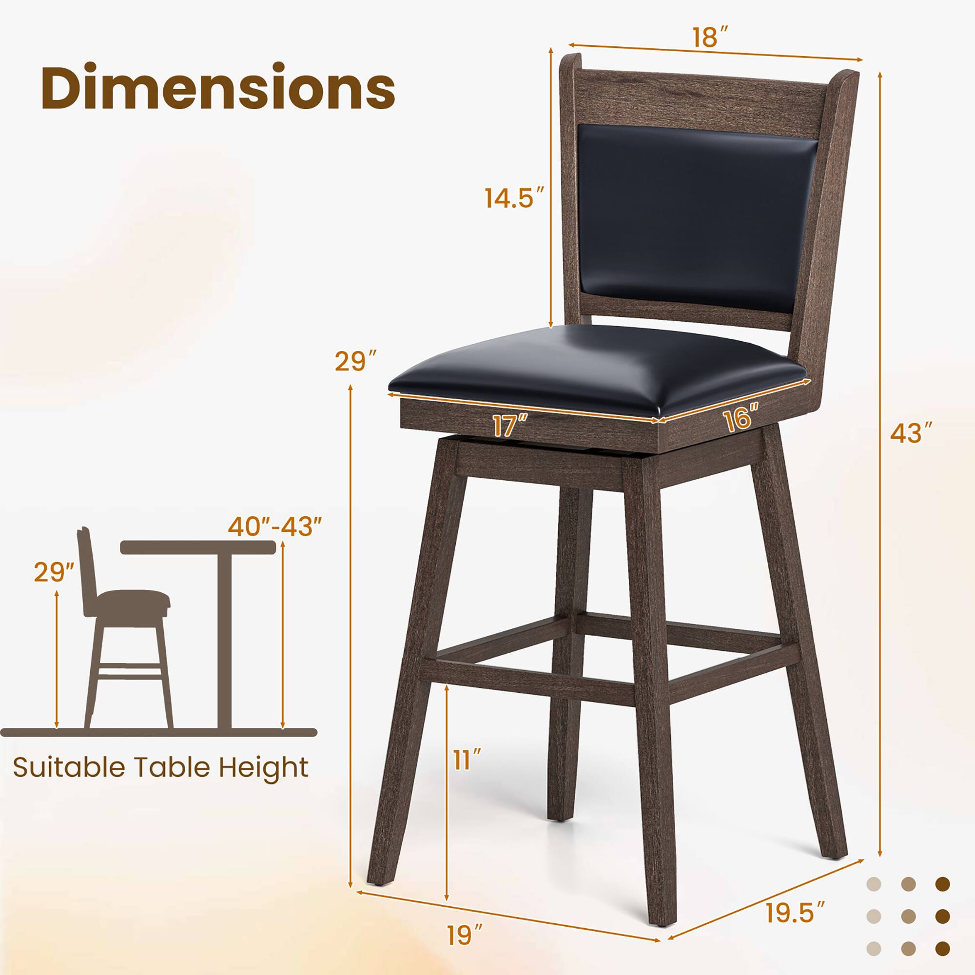 Dimensions: 18", 14.5", 29", 17", 16", 43", 40"-43", 11", 19", 19.5"