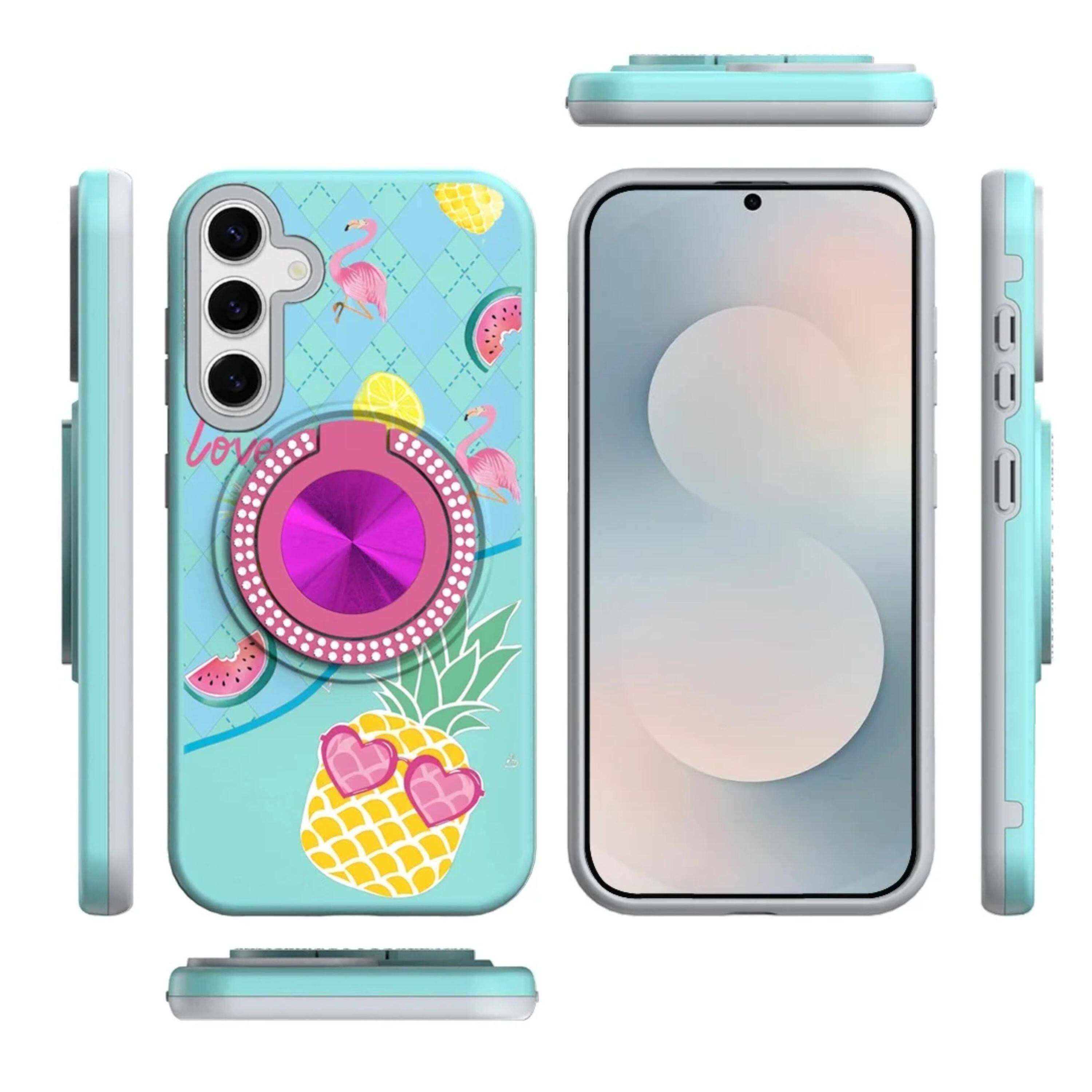 Angle. Kitcheniva - Printed Design Case With 360 Stand Tempered Glass For Samsung Galaxy S26+ Plus Pineapple - Multicolor.