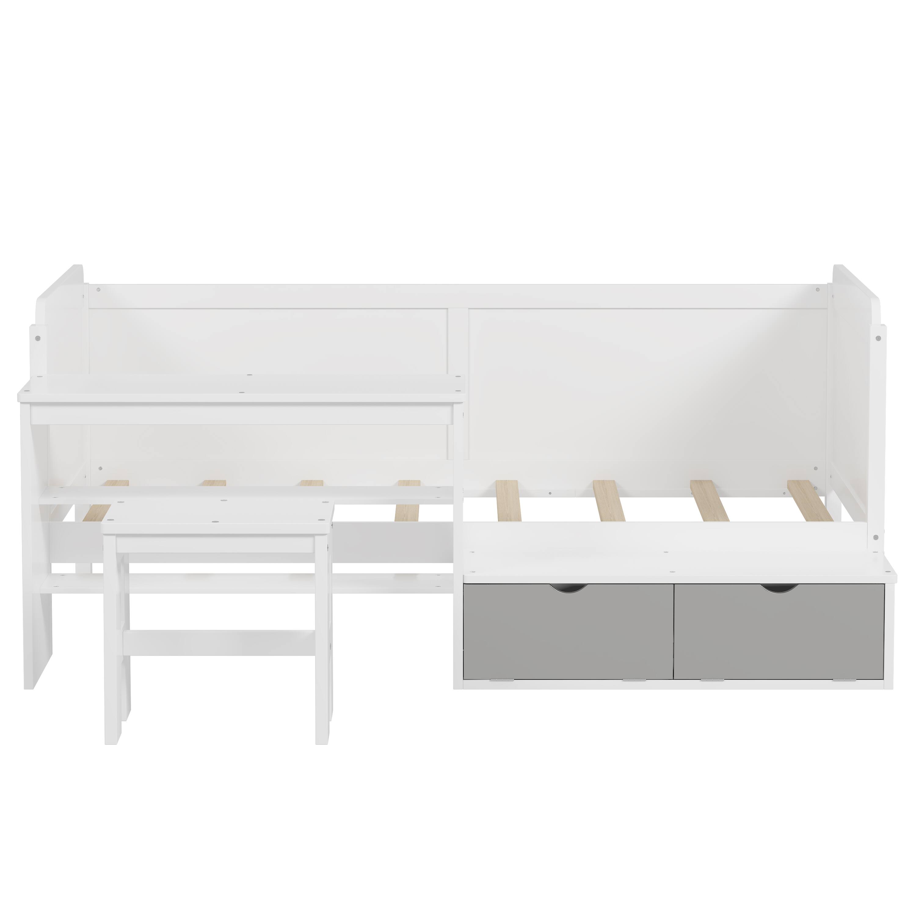 Back. Tiramisubest - Wooden Twin Size Daybed with Storage Shelves and Lockers, Multi-functional Bed with Study Desk and Matching Stool, White - White.