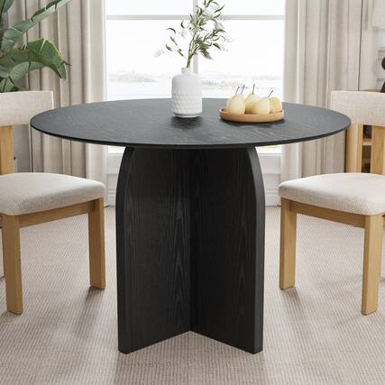 Front. Lirago - 42in. Arched Leg Round Dining Table Black Finish Solid Wood Timeless Style,Seats 6 People - Black.