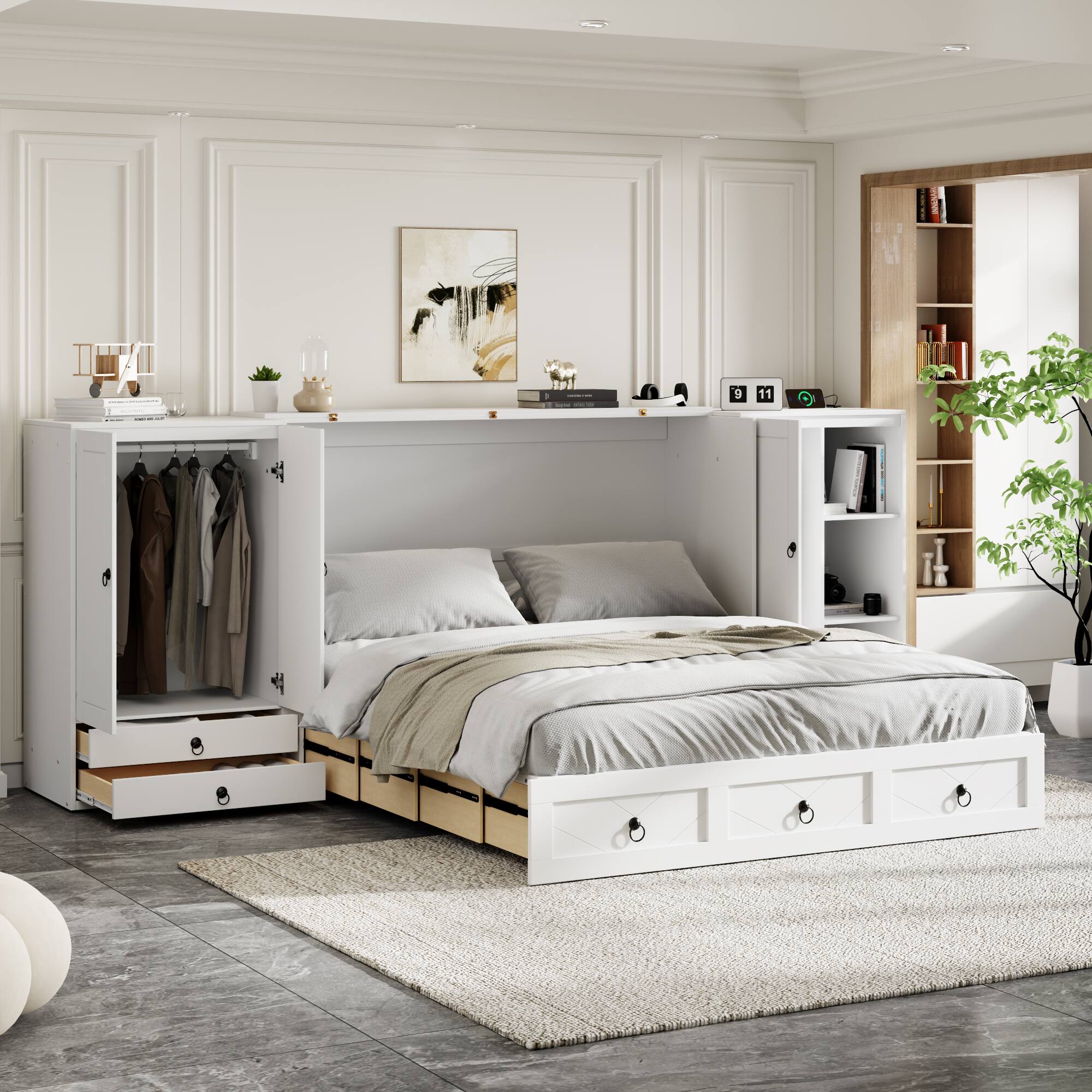 Left. Tiramisubest - Queen Size Murphy Bed with USB, Wardrobes & Drawers, White, 81x113x42 inches, 358 lbs - White.