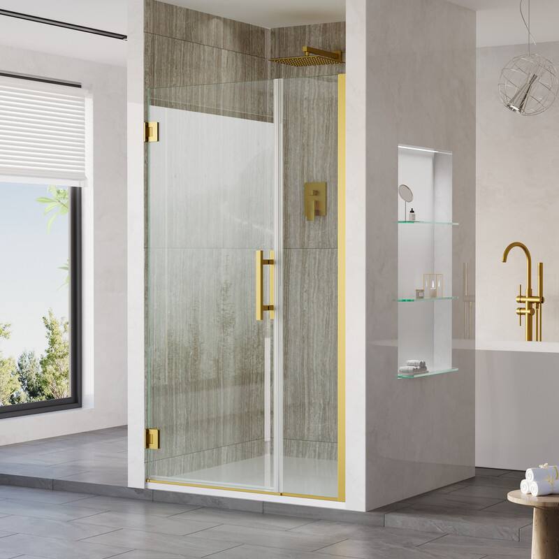 Angle. WELLFOR - 41–42 in. W x 72 in. H Frameless Hinged Shower Door with 3/8" Clear Tempered Glass, Reversible Opening - Brushed Gold.