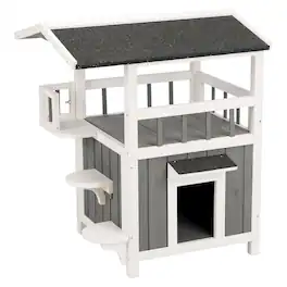TRIXIE - Wooden Outdoor or Indoor Cat House with Shaded Balcony for Small Cats, Gray - Gray/White