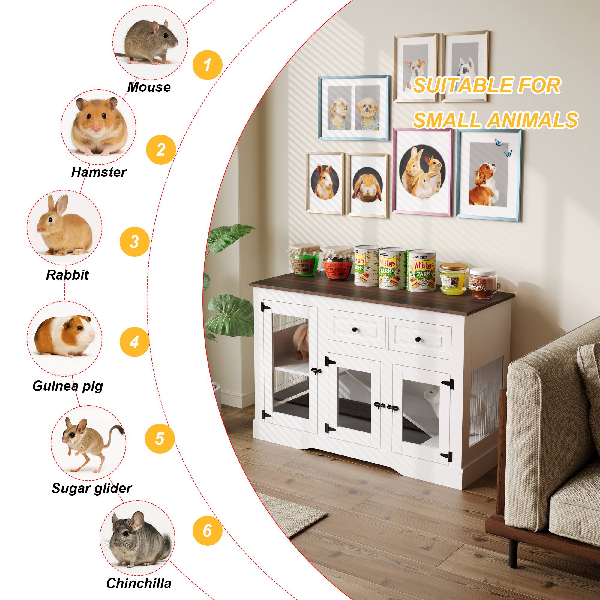 Mouse  
Hamster  
Rabbit  
Guinea pig  
Sugar glider  
Chinchilla  

SUITABLE FOR SMALL ANIMALS