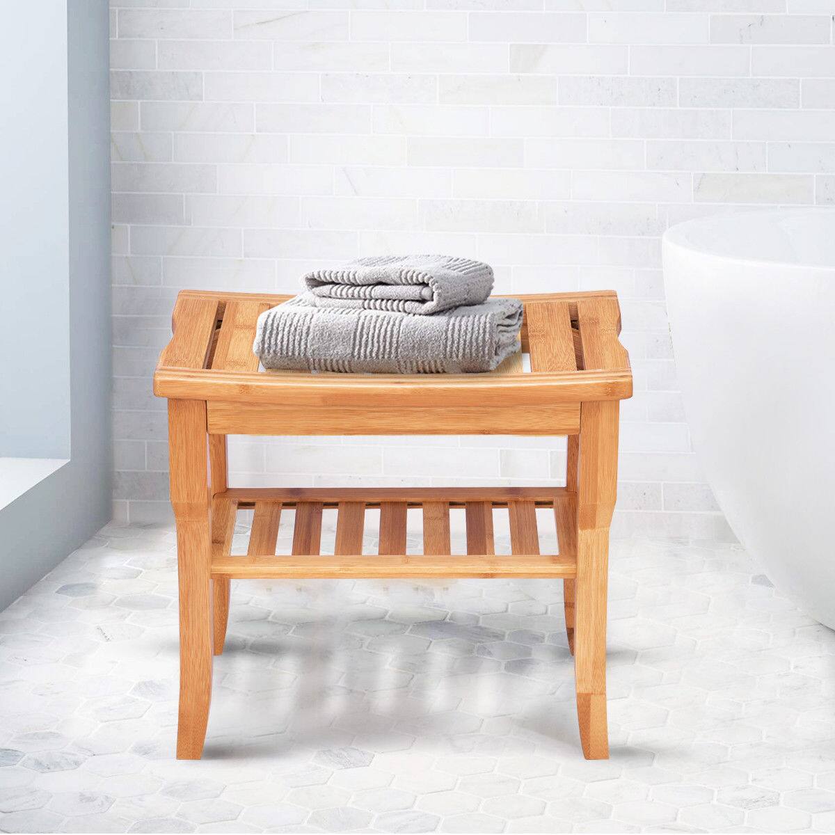 Alt View 2. Costway - Costway Bamboo Shower Seat Bench Bathroom Spa Bath Organizer Stool with Storage Shelf - Natural.