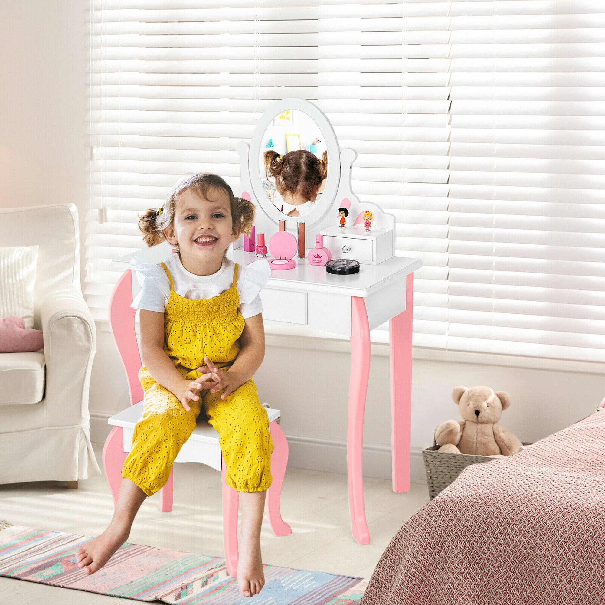 Alt View 1. Gymax - Gymax Kids Vanity Princess Makeup Dressing Table Stool Set W/ Mirror Drawer White - White.