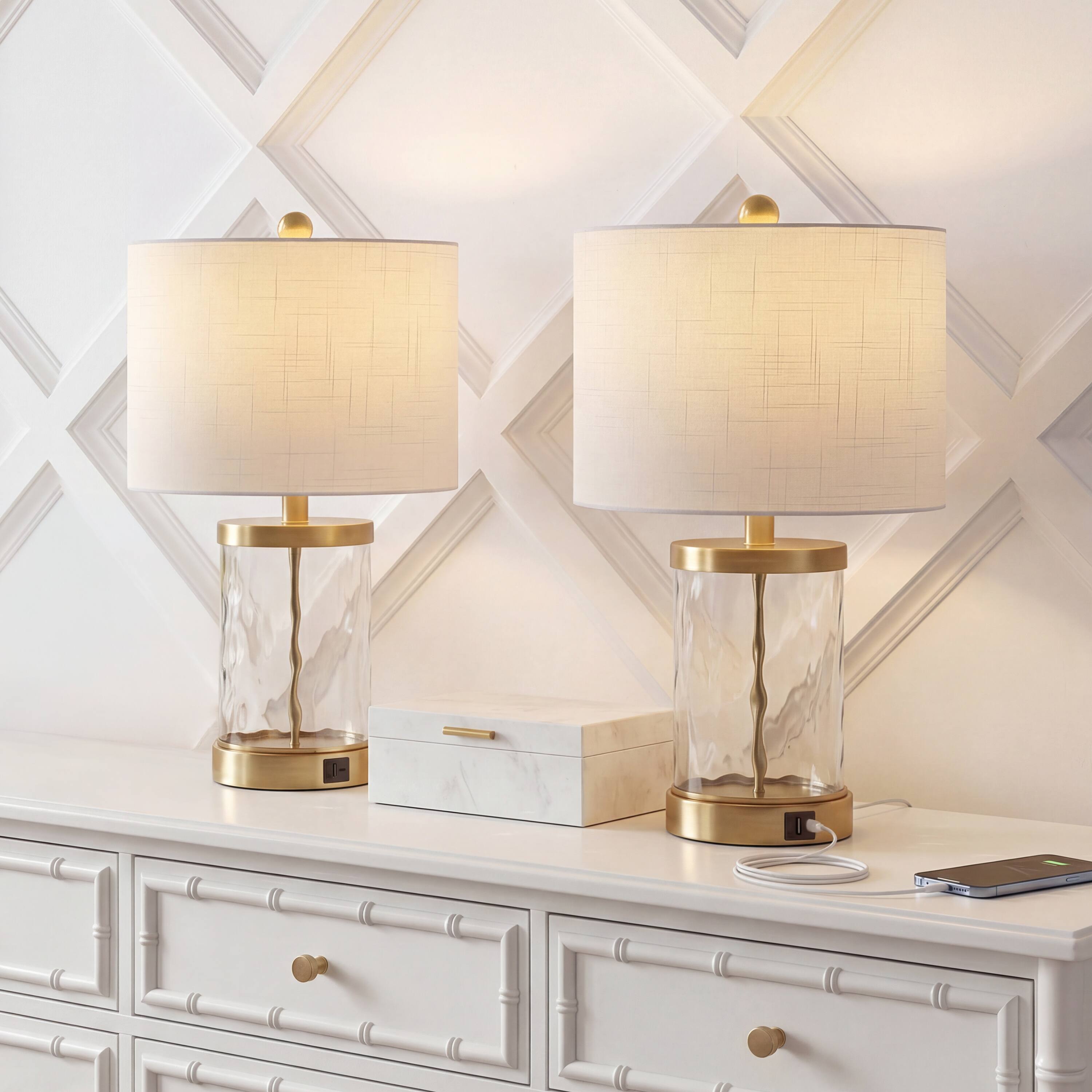 Alt View 1. Jonathan Y - Alexander 21" Modern Designer Metal/Water Glass LED Table Lamp with USB A+C Charging Ports, Brass Gold/Clear (Set of 2) - Brass Gold/Clear.