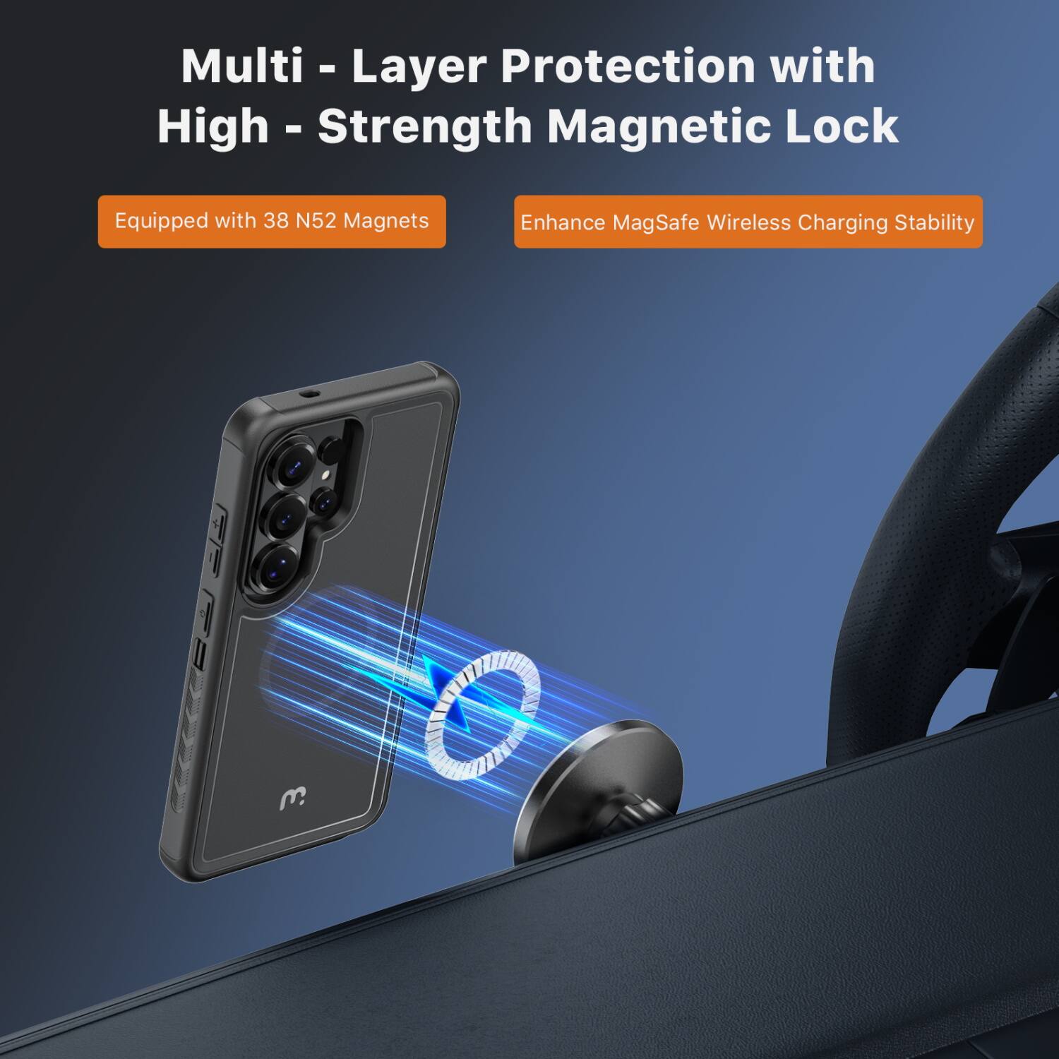 Multi-Layer Protection with High-Strength Magnetic Lock  
Equipped with 38 N52 Magnets  
Enhance MagSafe Wireless Charging Stability