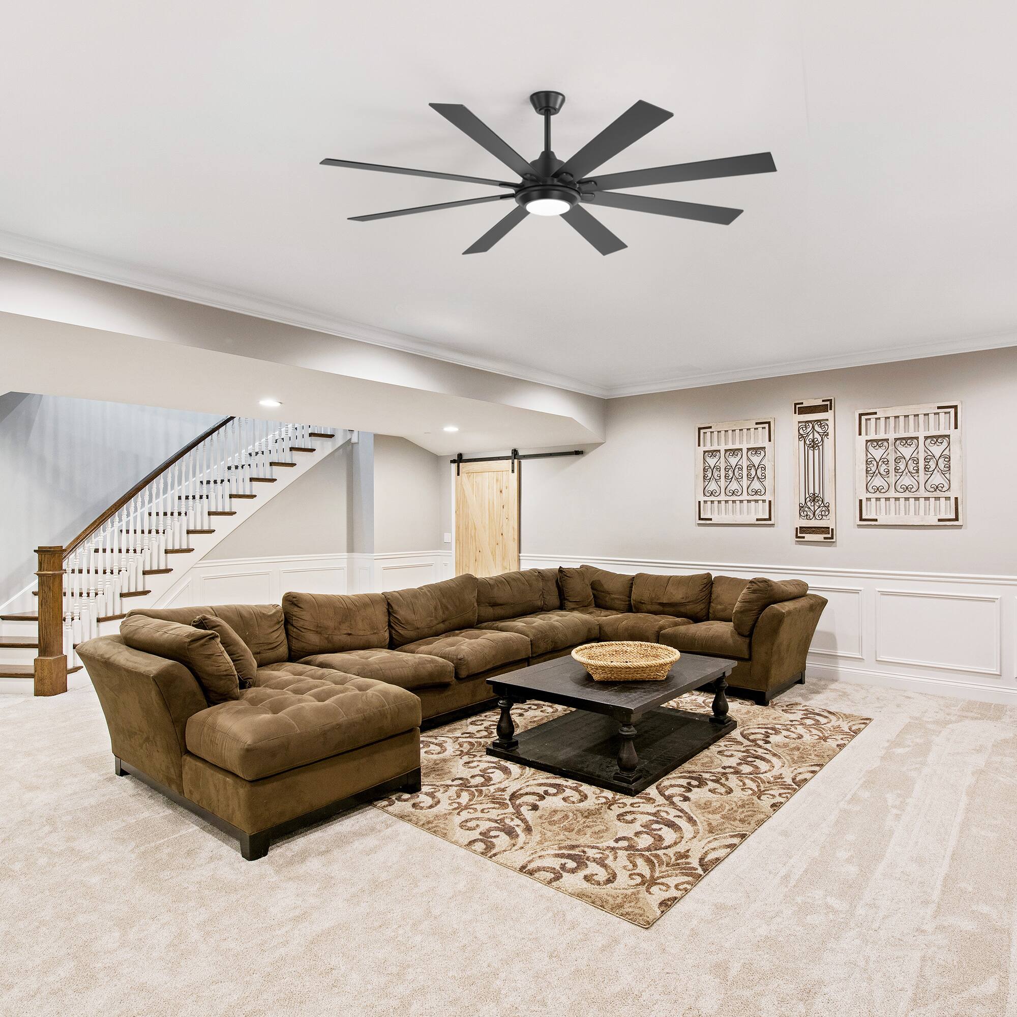 Alt View 2. Breezary - 72-Inch Ceiling Fan with 8 Dual-Finish Plywood Blades, 3-Color Light, 6-Speed DC Motor with Remote & Memory - Matte Black and Dark Wood Grain.