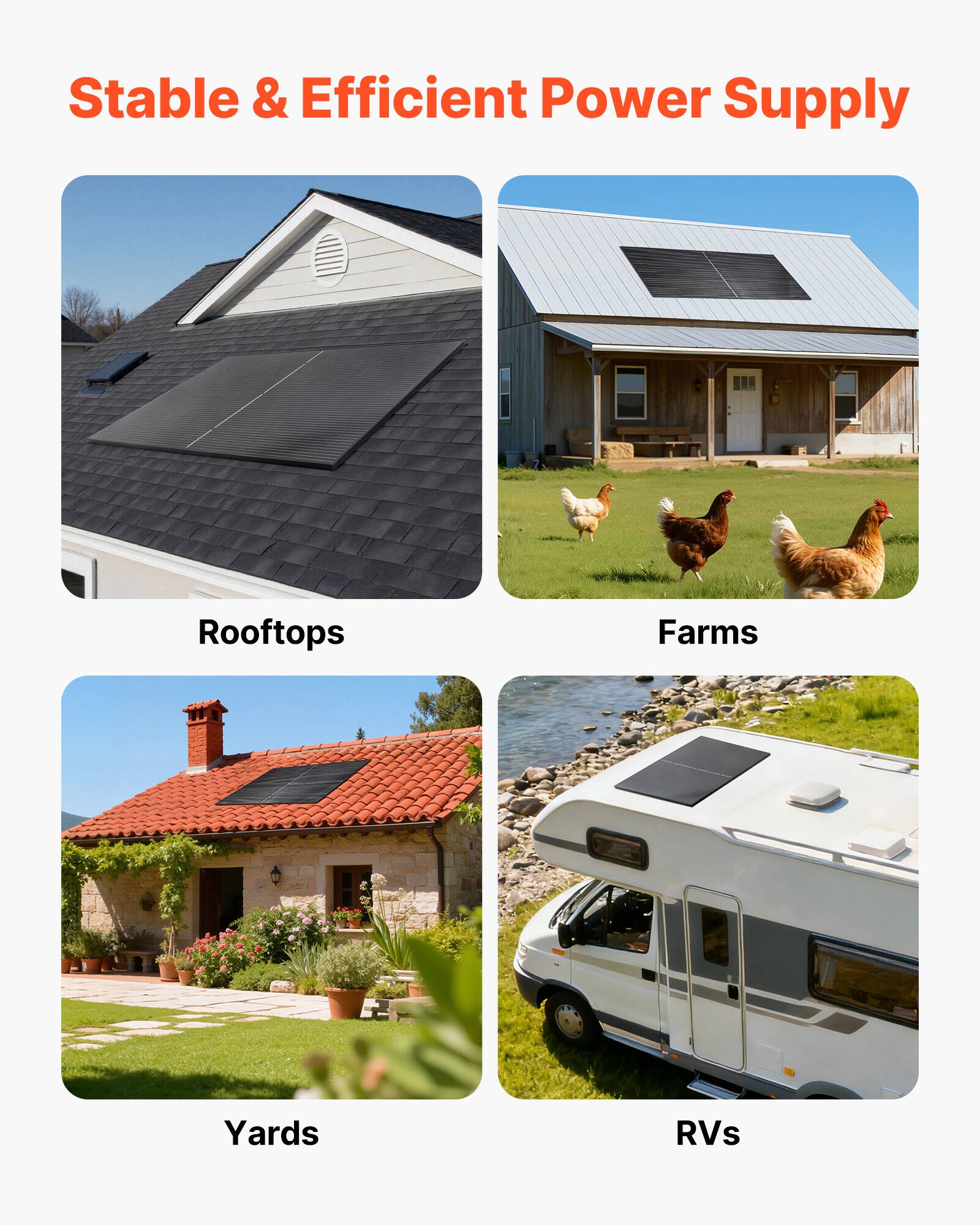 Stable & Efficient Power Supply

- Rooftops
- Farms
- Yards
- RVs