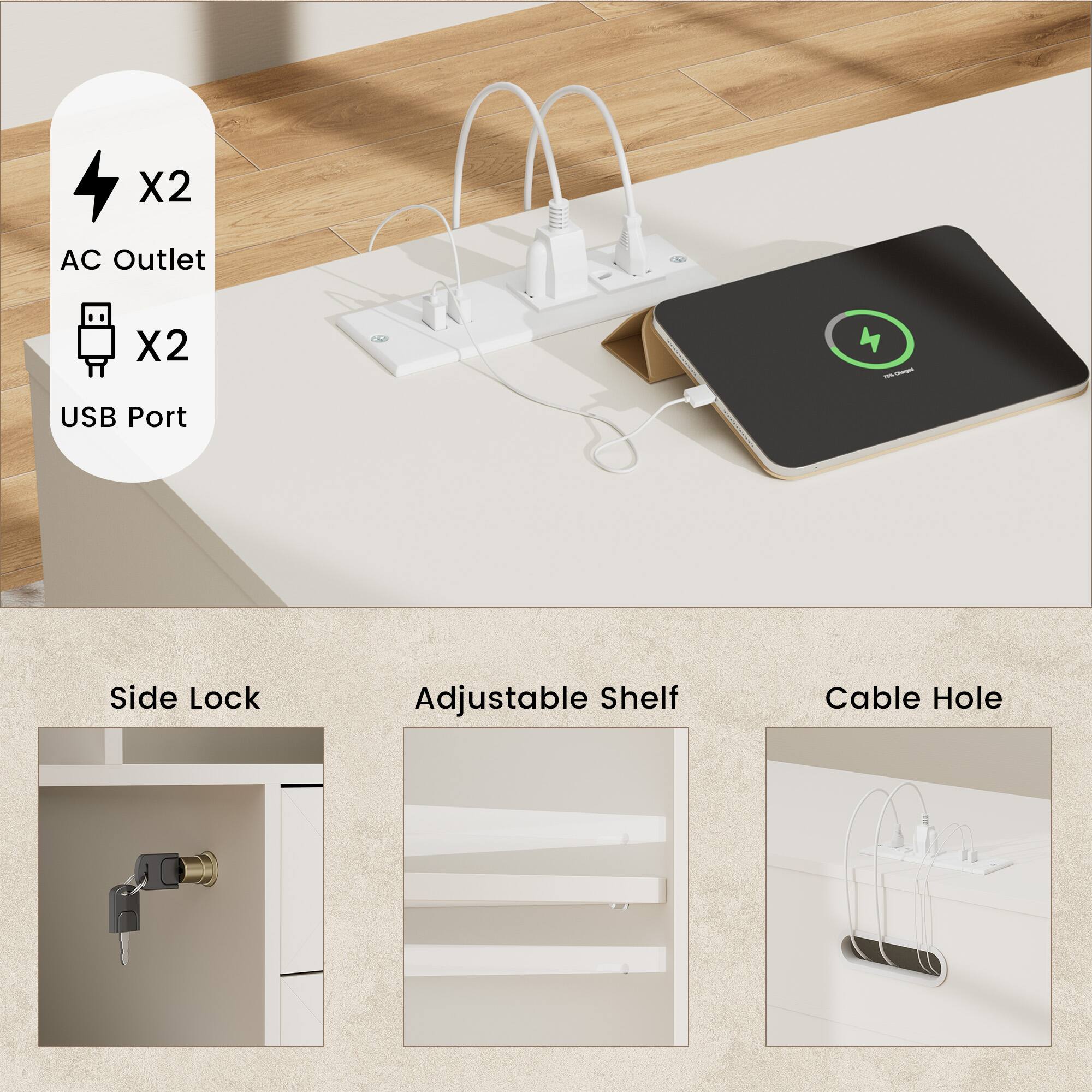 X2 AC Outlet  
X2 USB Port  
Side Lock  
Adjustable Shelf  
Cable Hole