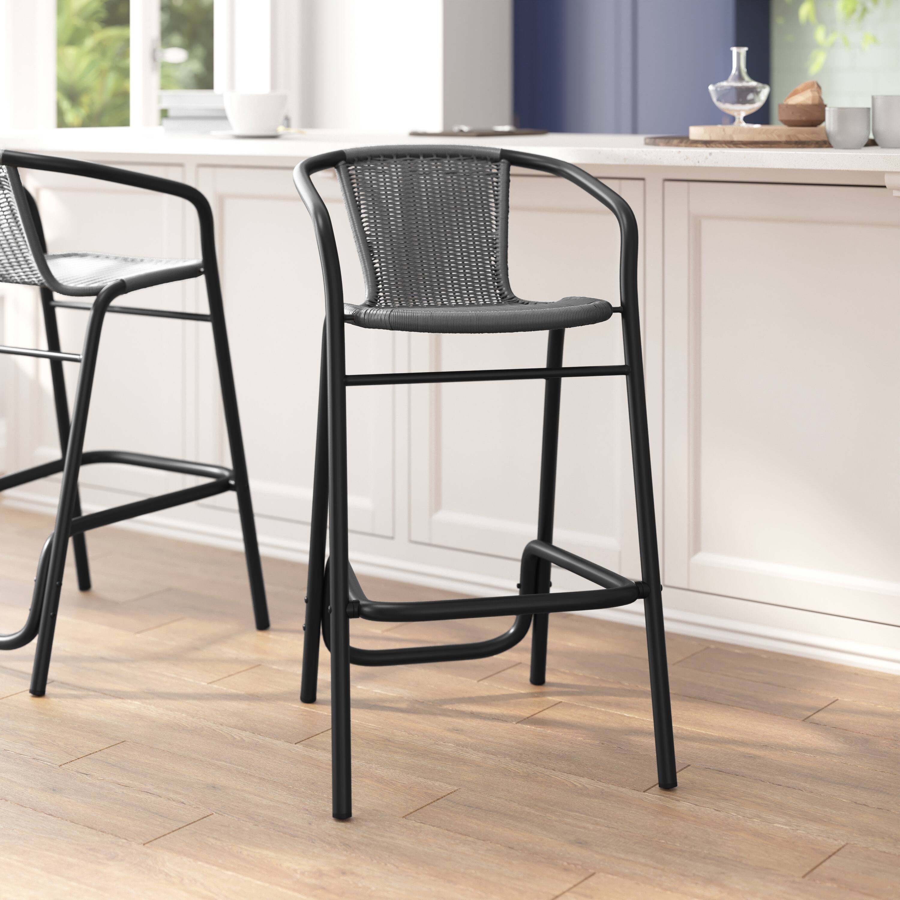 Alt View 2. Flash Furniture - Lila Commercial Grade Indoor-Outdoor PE Rattan Restaurant Barstool with Black Aluminum Frame and Footrest in Gray - Gray.