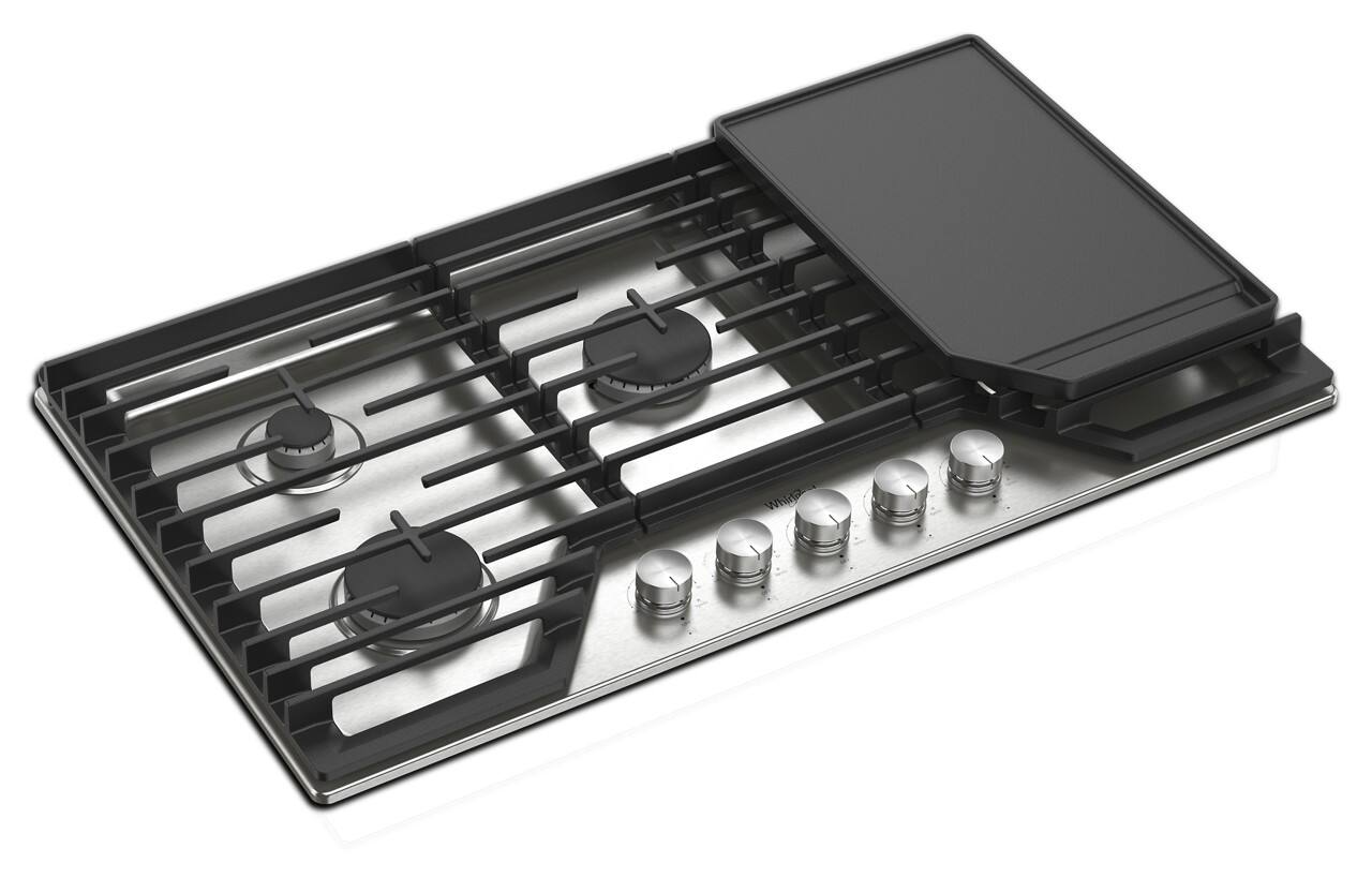 Left. Whirlpool - 36" Built-In Gas Cooktop with 3 Burners and 2-in-1 Hinged Grate to Griddle - Stainless Steel.
