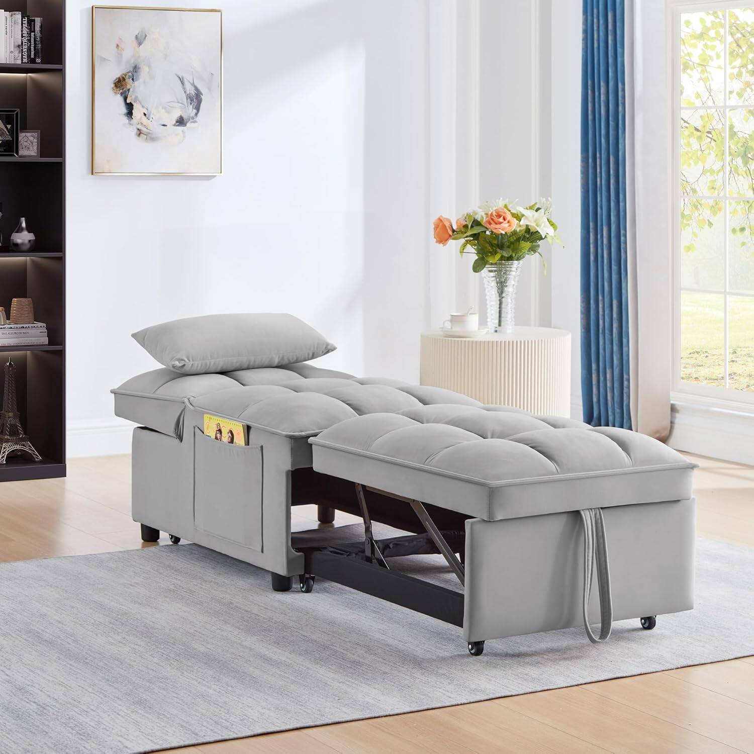 Alt View 4. Trinkets Crazed - 4 in1 Multi-Function Single Sofa Bed with Storage Pockets,Tufted Single Pull-out Sofa Bed with Adjustable Backrest - gray.