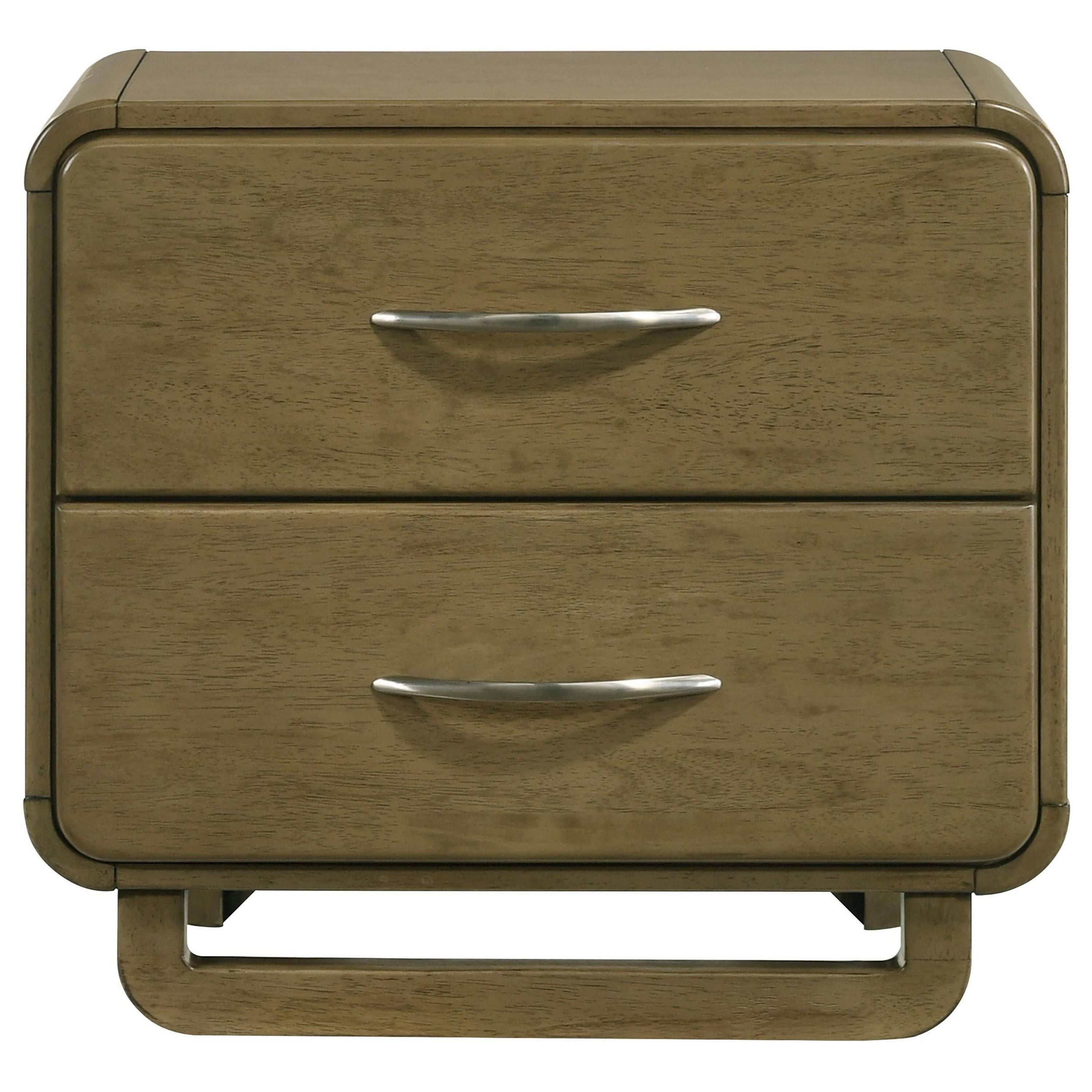 Angle. Manhattan Lane - Deon Nightstand, 2 Drawers w Nickel Handles, Sled Legs, Nutmeg - Nutmeg Brown, Chrome.
