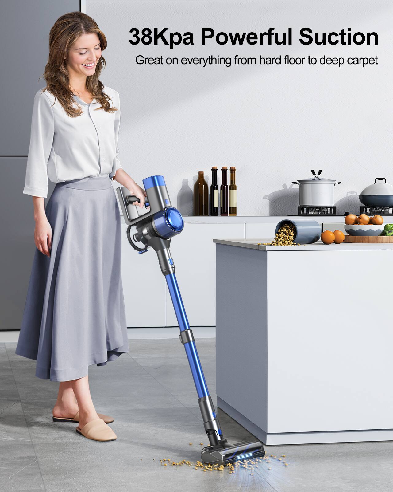 38Kpa Powerful Suction  
Great on everything from hard floor to deep carpet