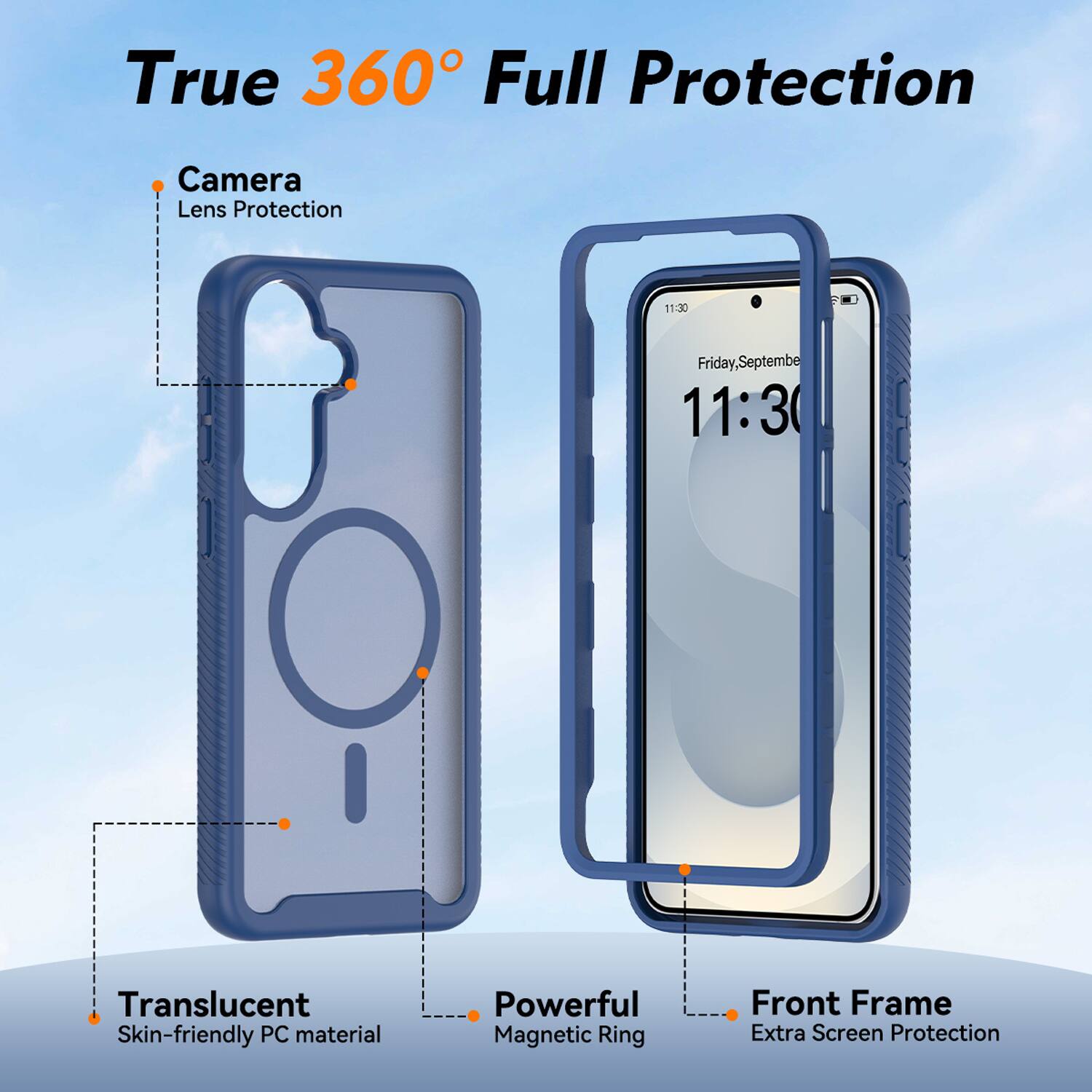True 360° Full Protection

- Camera Lens Protection
- Translucent Skin-friendly PC material
- Powerful Magnetic Ring
- Front Frame Extra Screen Protection
