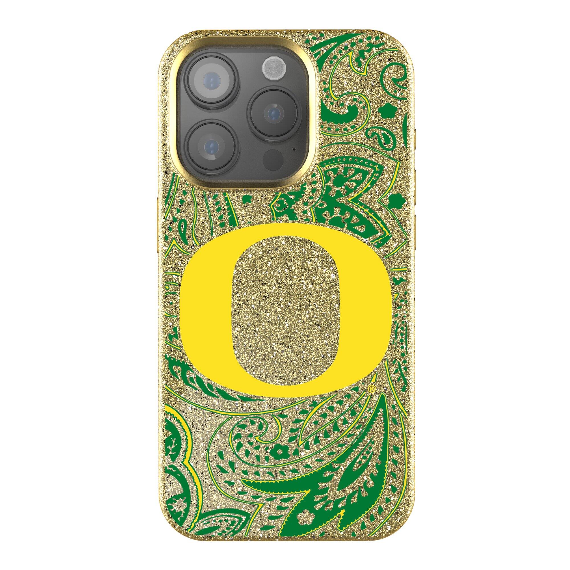 Front. Keyscaper - Oregon Ducks Paisley Bling iPhone Case - 14 Pro - Gold.