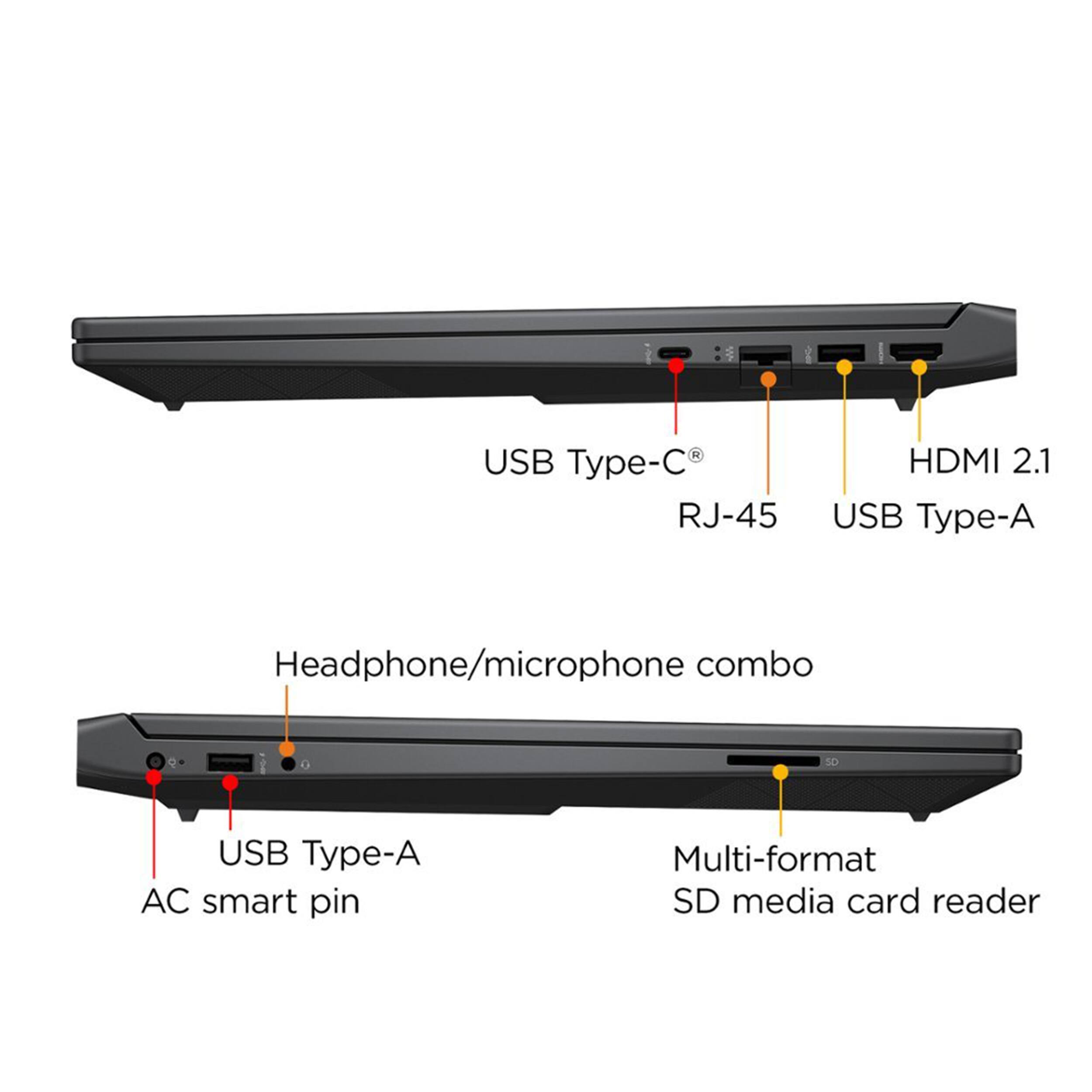USB Type-C  
RJ-45  
USB Type-A  
HDMI 2.1  

Headphone/microphone combo  
USB Type-A  
AC smart pin  
Multi-format SD media card reader
