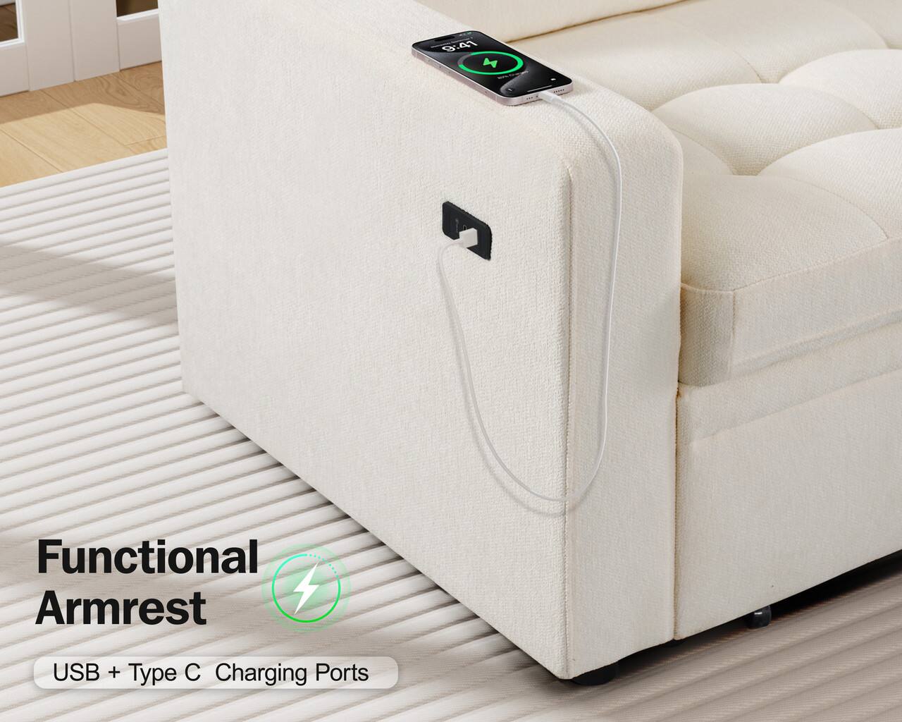 9:41 M

Functional Armrest

USB + Type C Charging Ports