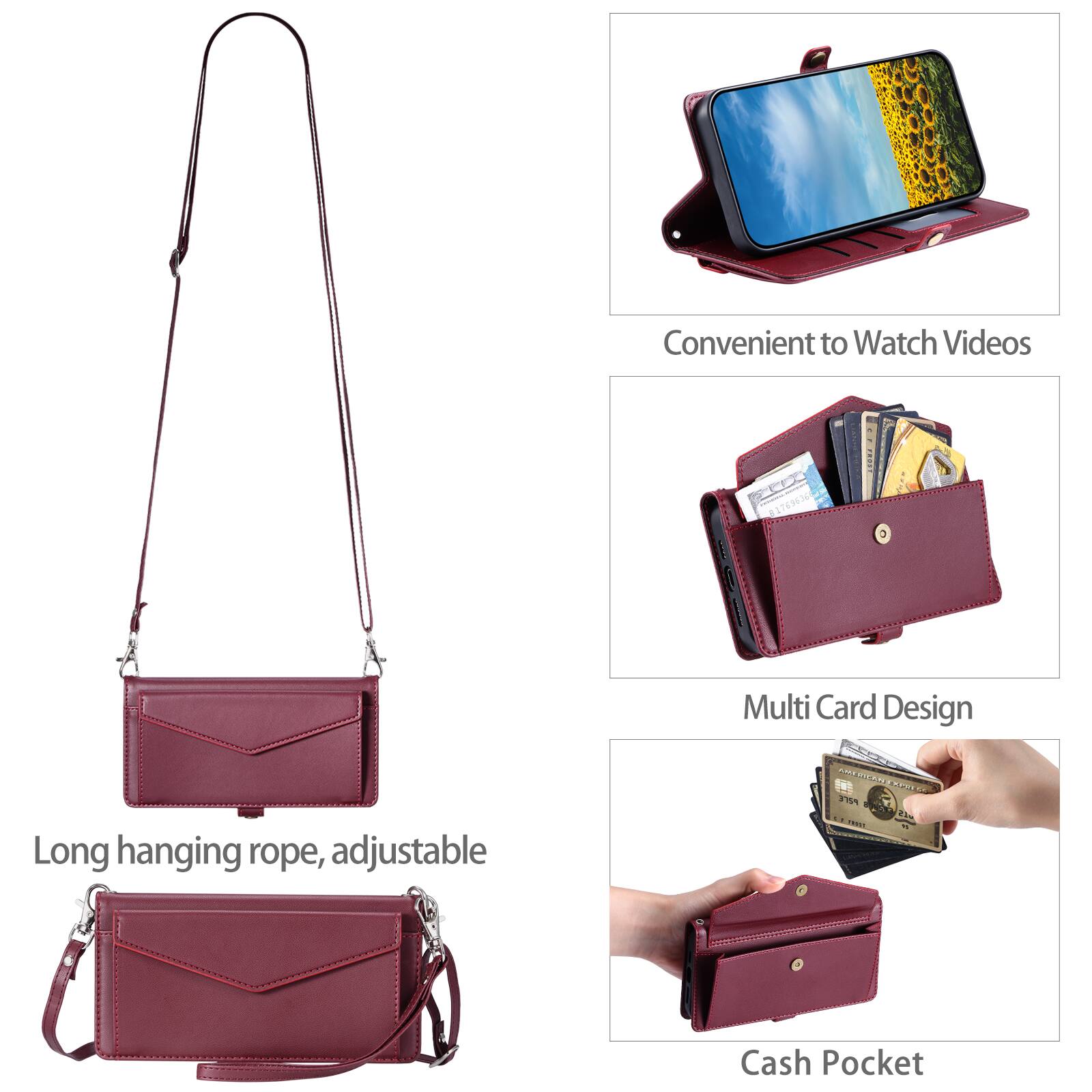 Convenient to Watch Videos  
Multi Card Design  
Long hanging rope, adjustable  
Cash Pocket