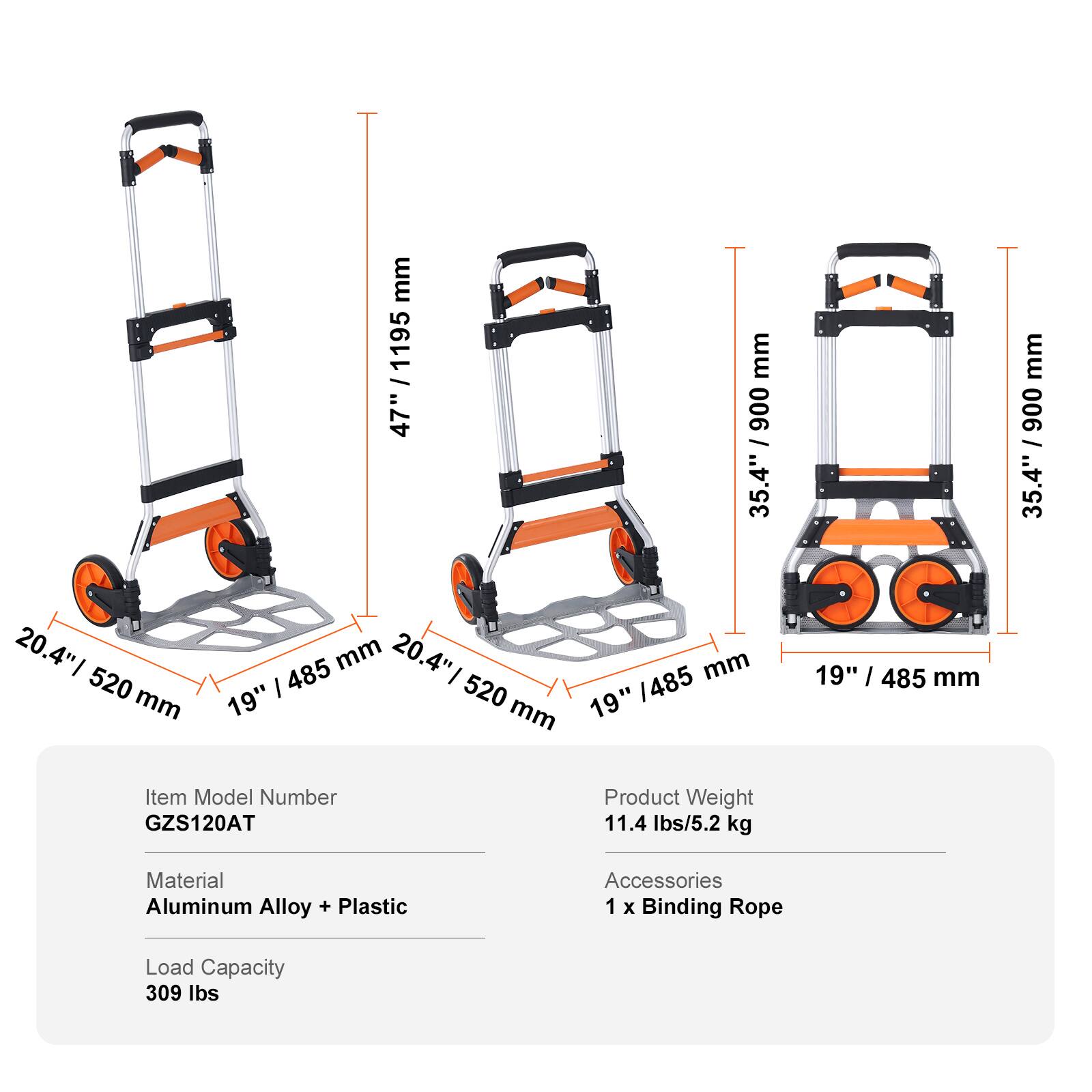 - 20.4" / 520 mm
- 19" / 485 mm
- 47" / 1195 mm
- 35.4" / 900 mm

Item Model Number: GZS120AT

Product Weight: 11.4 lbs / 5.2 kg

Material: Aluminum Alloy + Plastic

Accessories: 1 x Binding Rope

Load Capacity: 309 lbs