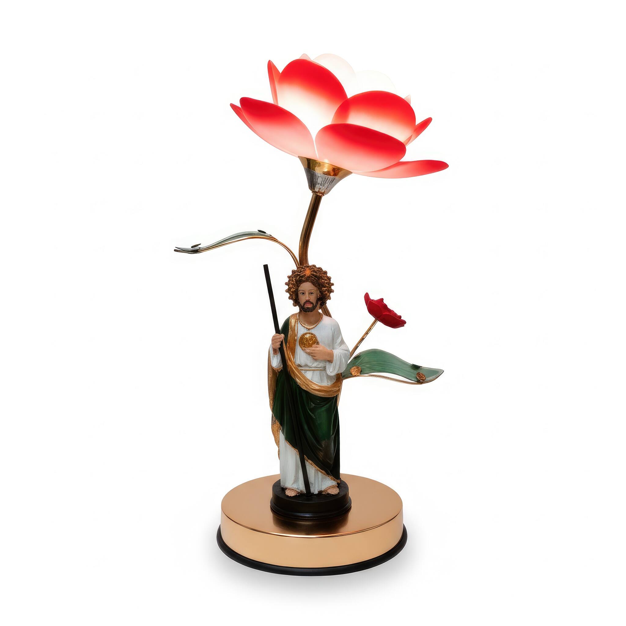 Angle. FC Design - 16"H Multicolor San Judas Tadeo Religious Statue with Rose Gold Color Base Touch Lamp.
