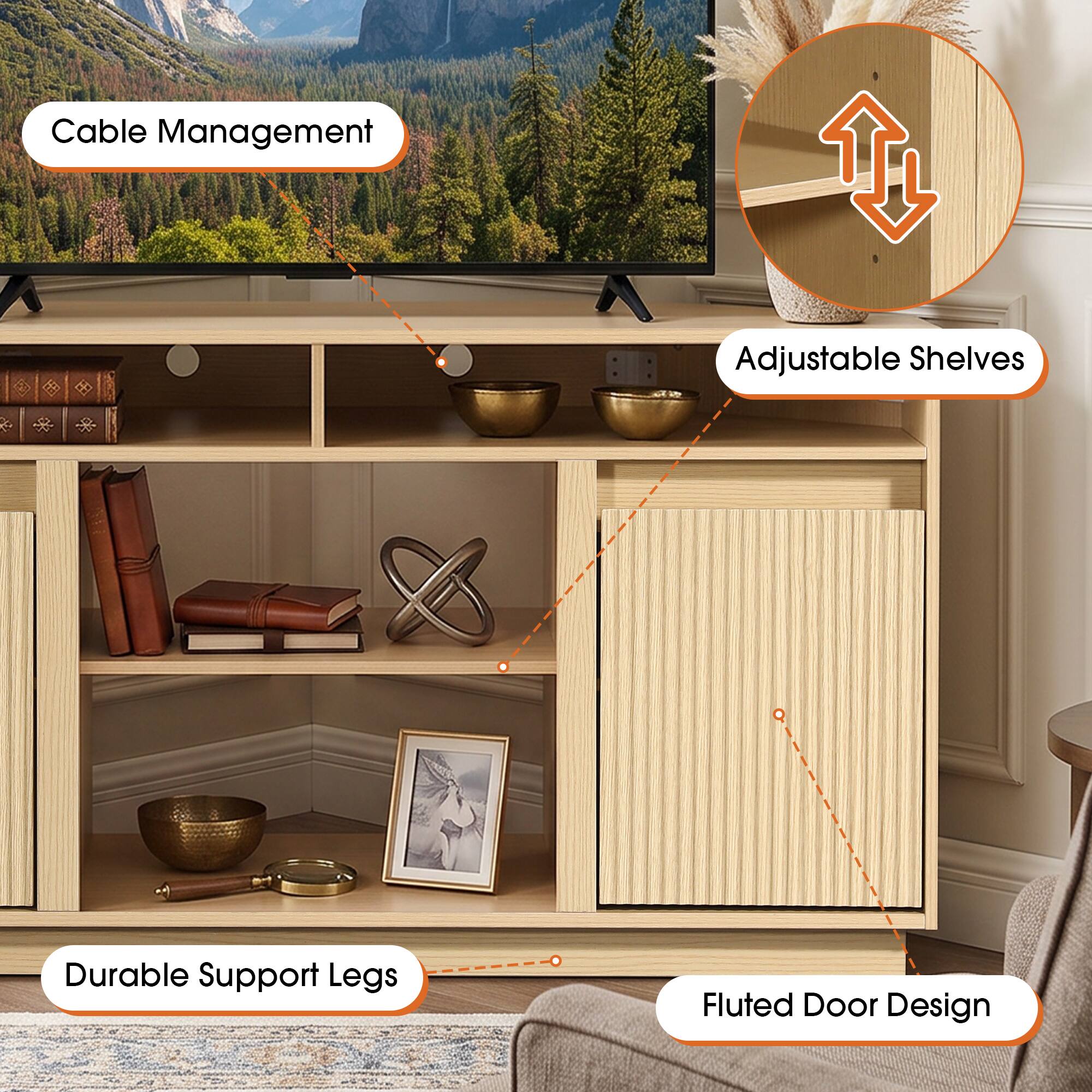 Cable Management  
Adjustable Shelves  
Durable Support Legs  
Fluted Door Design