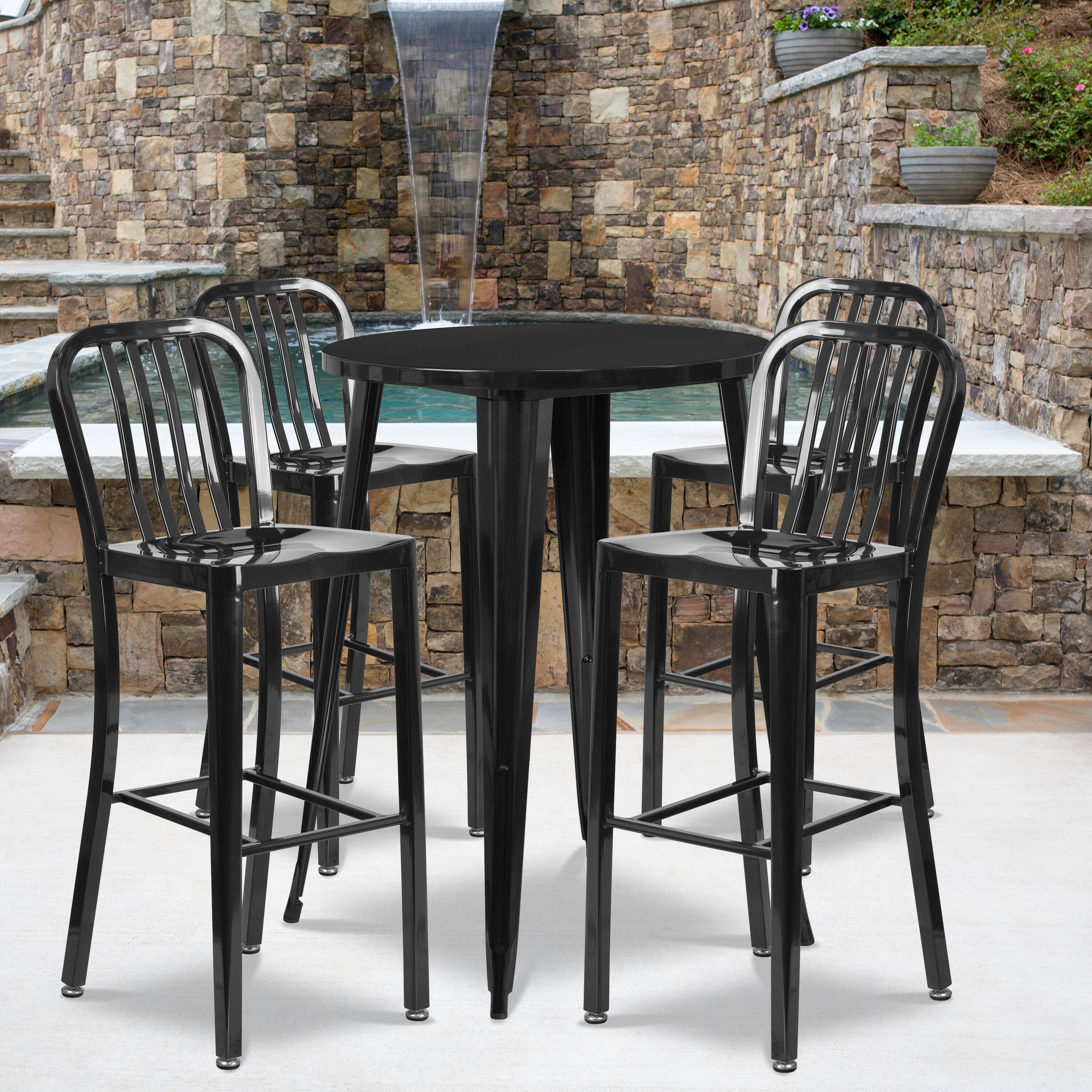 Alt View 1. Emma + Oliver - Commercial 30" Round Metal Indoor-Outdoor Bar Table Set & 4 Slat Back Stools - Black.