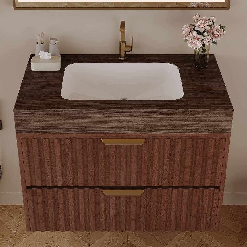 Left. Loheer - Loheer 30 inch floating bathroom vanity Walnut Wall Mounted Vanity with Sintered Stone Top - Walnut.
