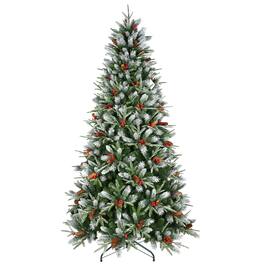 Boyel Living - 4 ft. Christmas Tree with 747 Tips Snow Dusted PE PVC Hinged with Red Berries Pine Cones and Metal Stand - Green,White