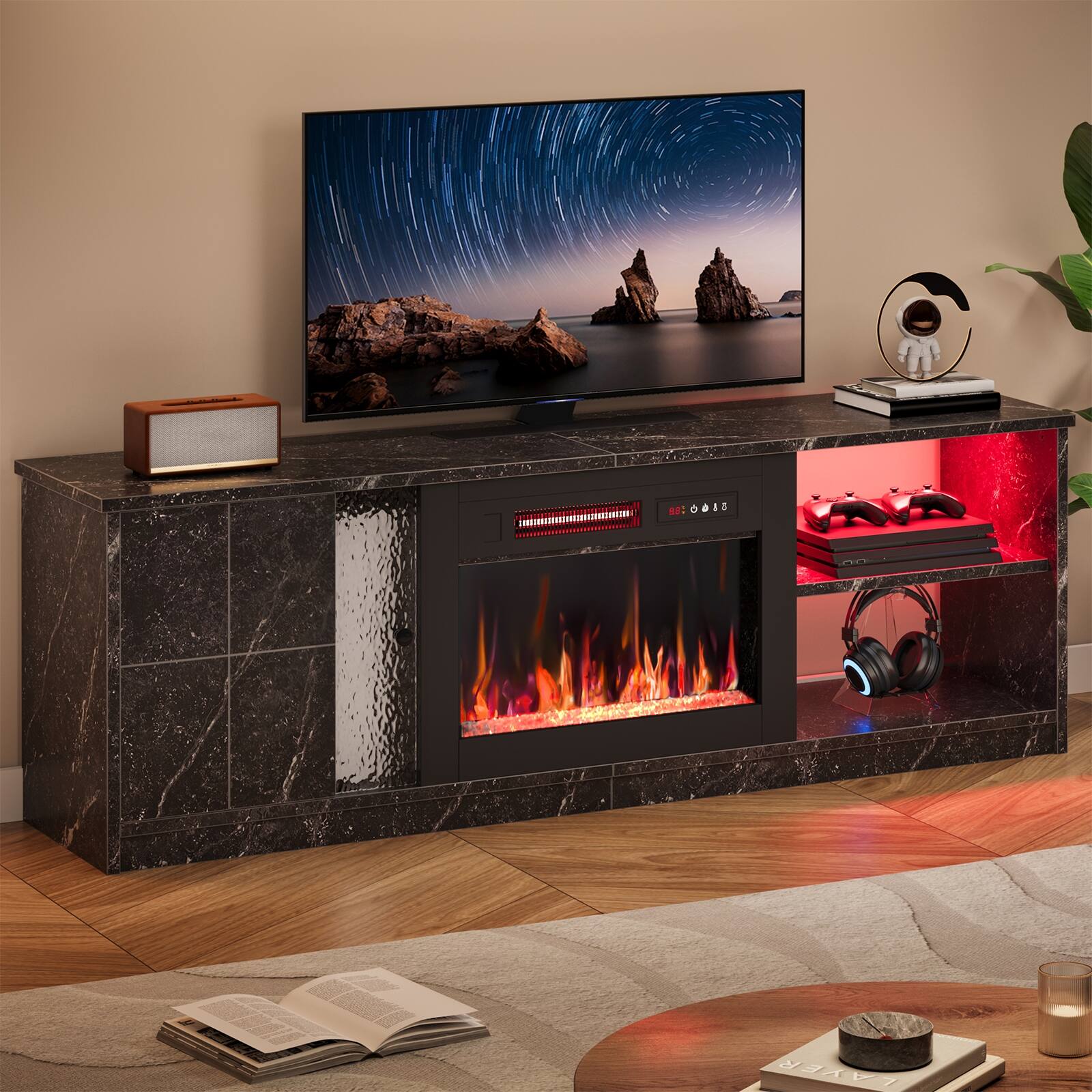 I'm sorry, but I cannot group or correct the text "a: 0015 LAVER" as it does not seem to be related to the image. The image shows a modern entertainment center with a flat screen TV, a fireplace, and a sound system. The fireplace is lit, and the TV is displaying a picture of a fireplace. There are also books and a potted plant in the scene.