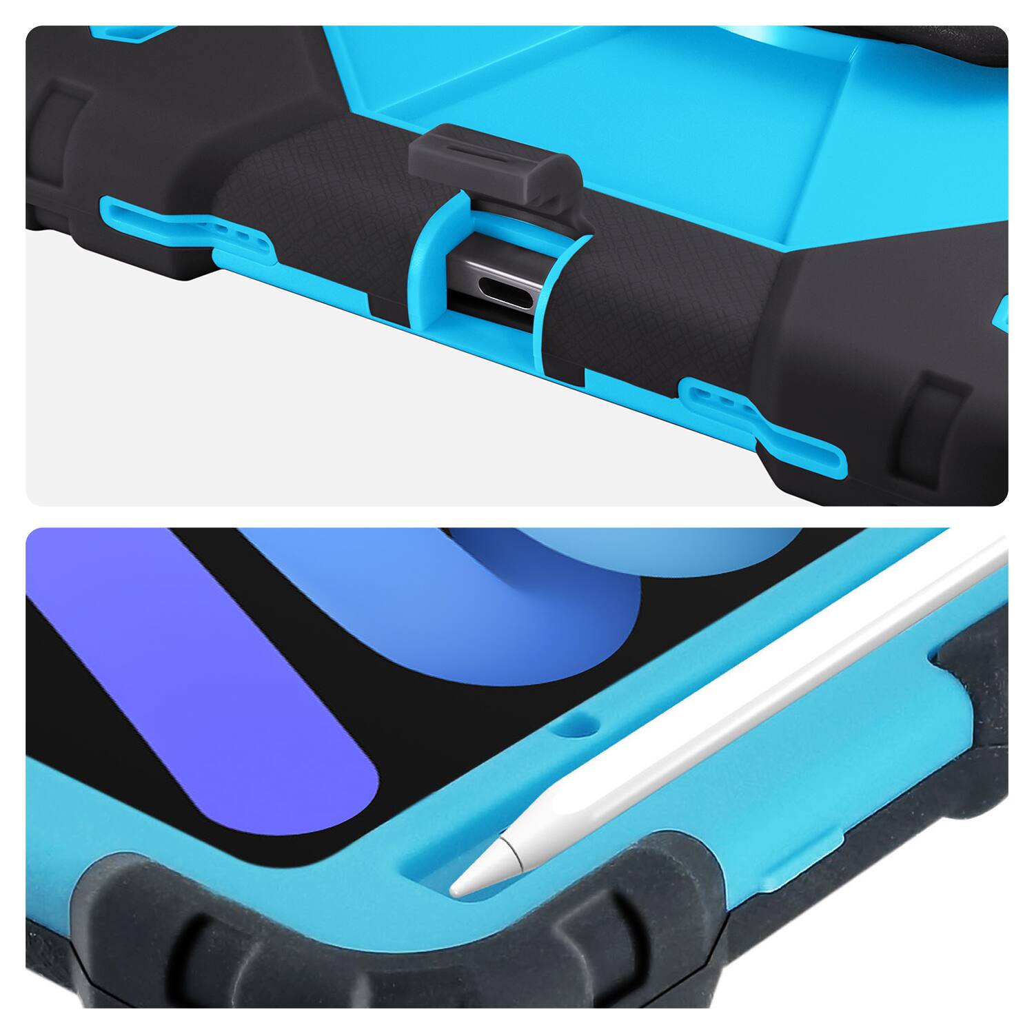 Alt View 1. Vena - For Apple iPad mini 6th Generation Case For Kids (8.3"), iPad mini A17 Pro Case 360° Rotating Hand Strap Stand, Blue - Blue.