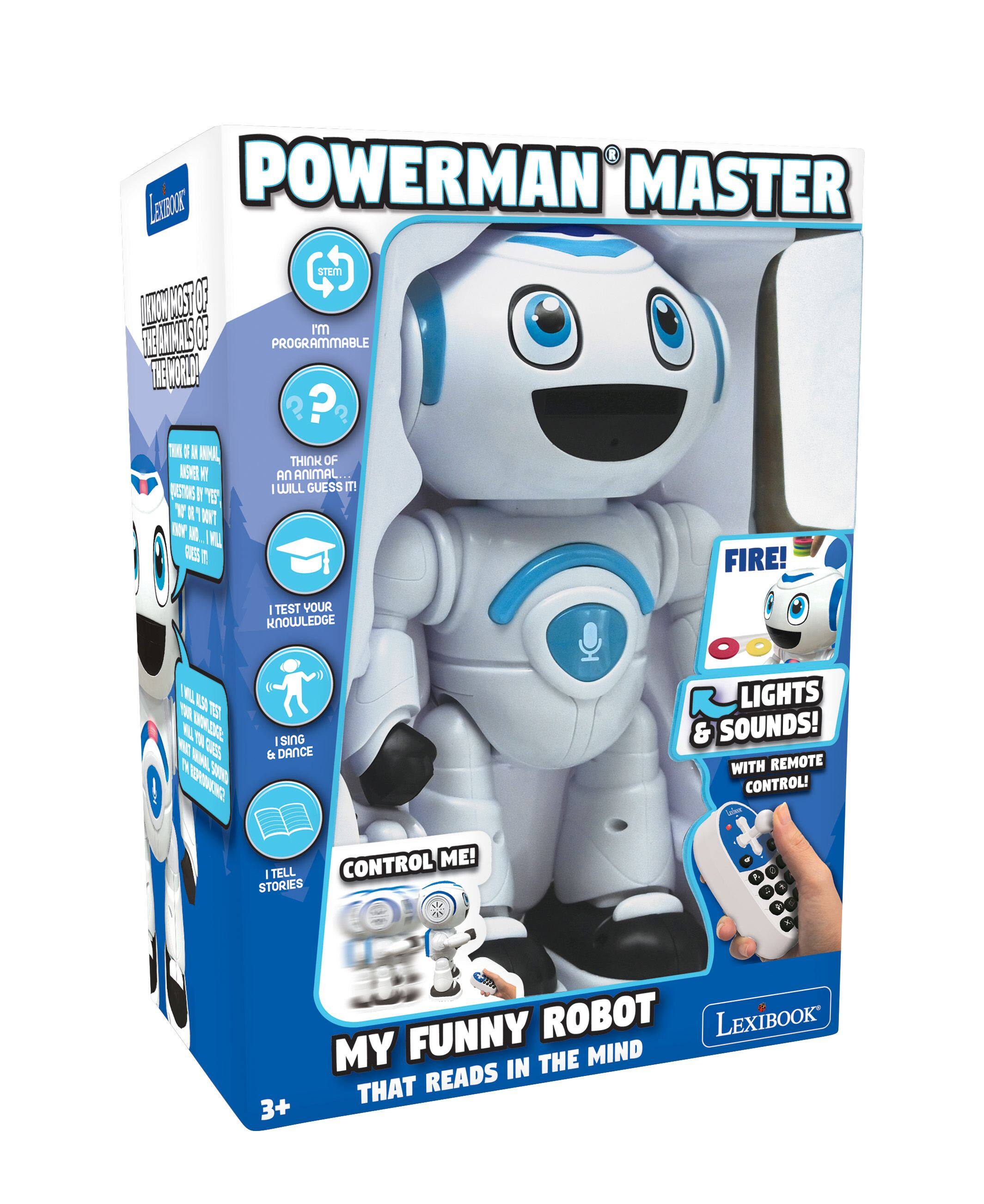 POWERMAN MASTER

STEM
I'm PROGRAMMABLE

THINK OF AN ANIMAL, I WILL GUESS IT!

I TEST YOUR KNOWLEDGE

I SING & DANCE

LIGHTS & SOUNDS! WITH REMOTE CONTROL!

CONTROL ME! I TELL STORIES

MY FUNNY ROBOT THAT READS IN THE MIND

3+