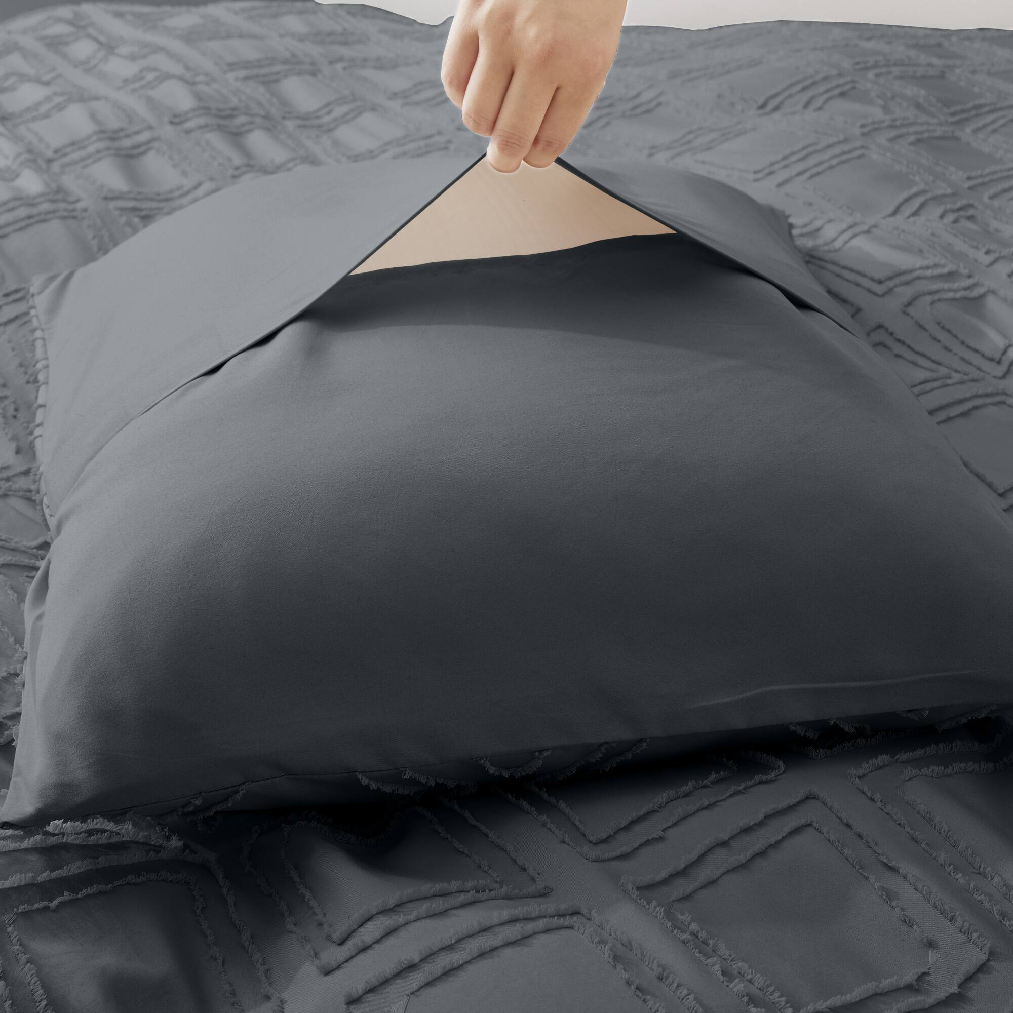 Alt View 1. Peace Nest - Peace Nest Tufted Clipped Jacquard Geometric Duvet Cover & Pillowcase Set - Square Dark Gray.