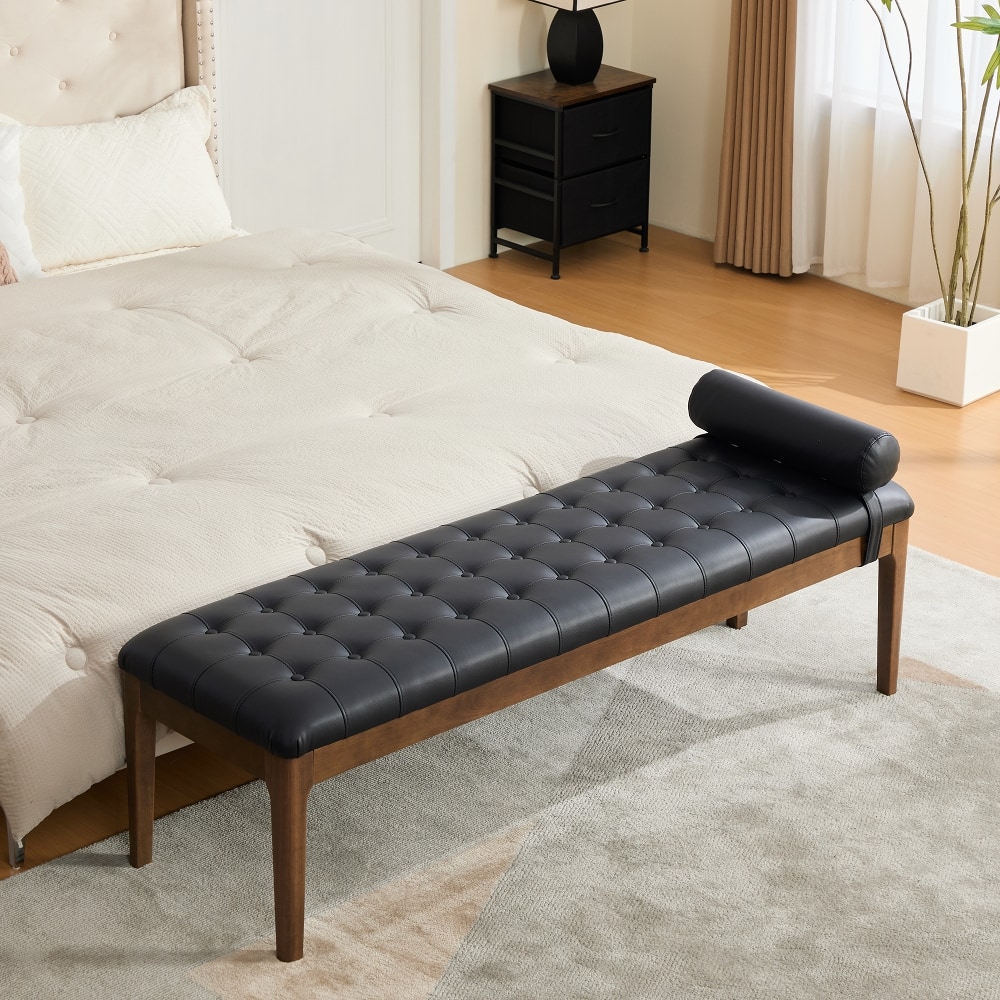 Ropilly - 66 Inch Faux Leather End of Bed Bench, Button Tufted Upholstered Entryway Shoe Bench with Wood Legs - Black