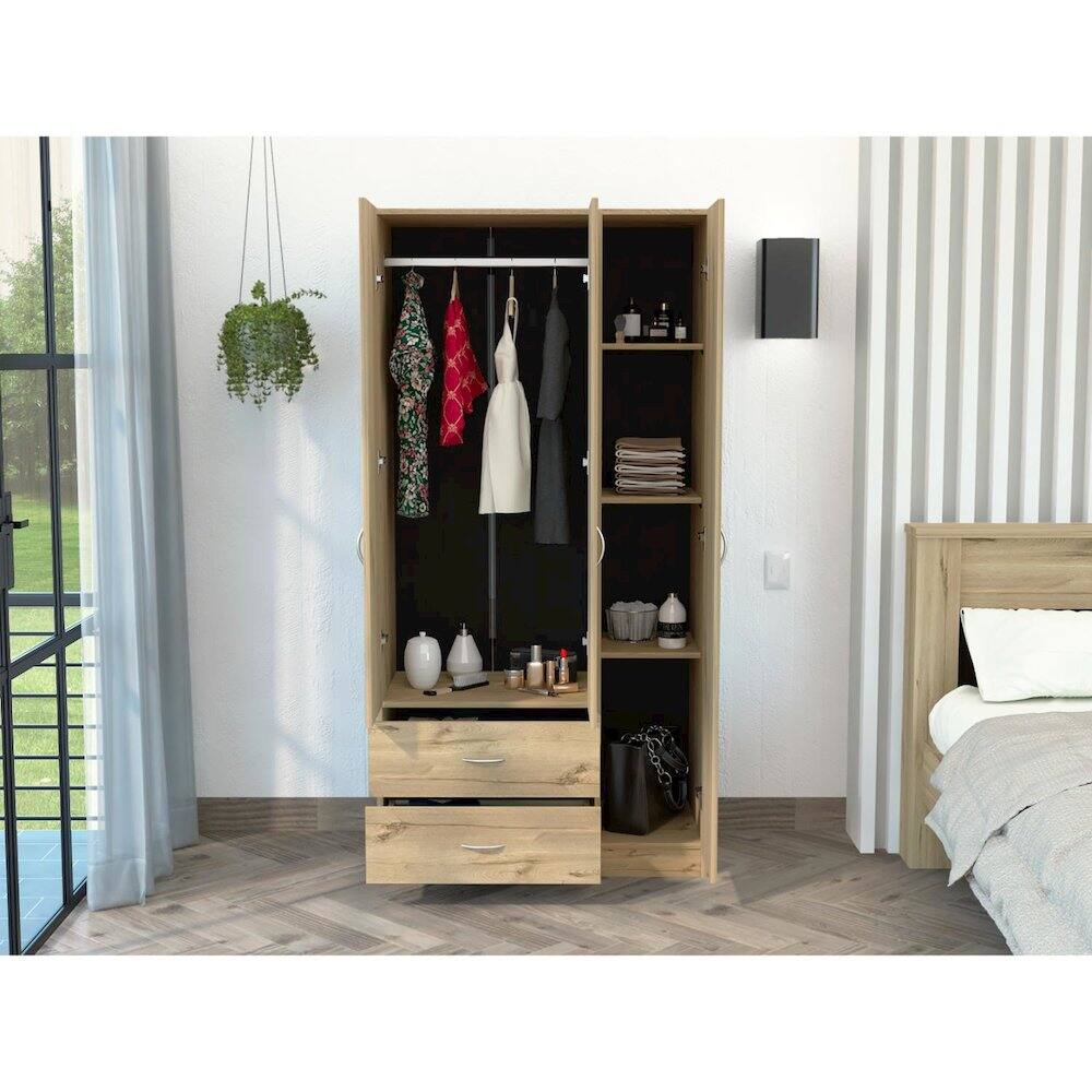 Alt View 4. TuHome - Austral Three Door Armoire Light Oak / Black MDF - White.
