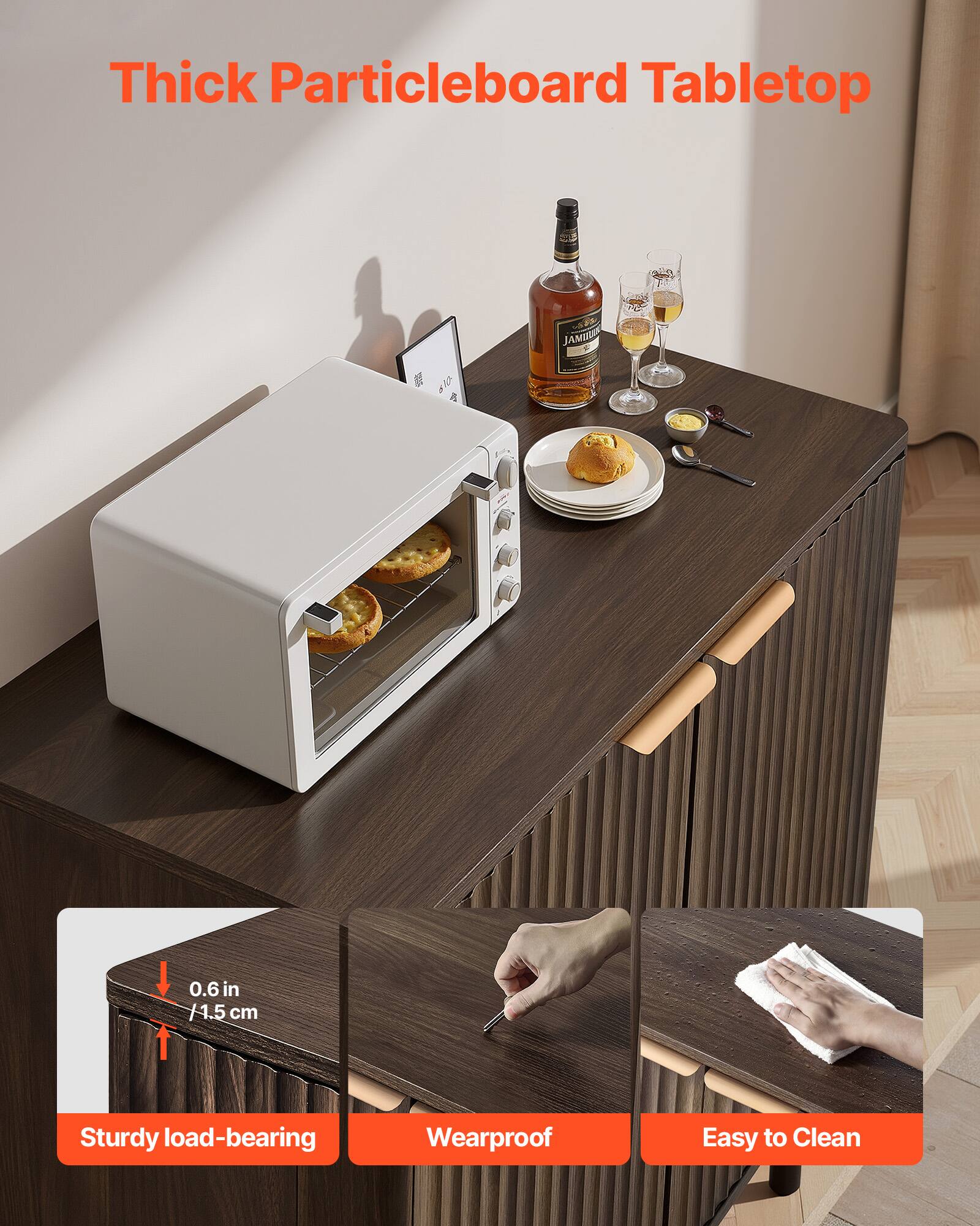 Thick Particleboard Tabletop

0.6 in / 1.5 cm

Sturdy load-bearing
Wearproof
Easy to Clean